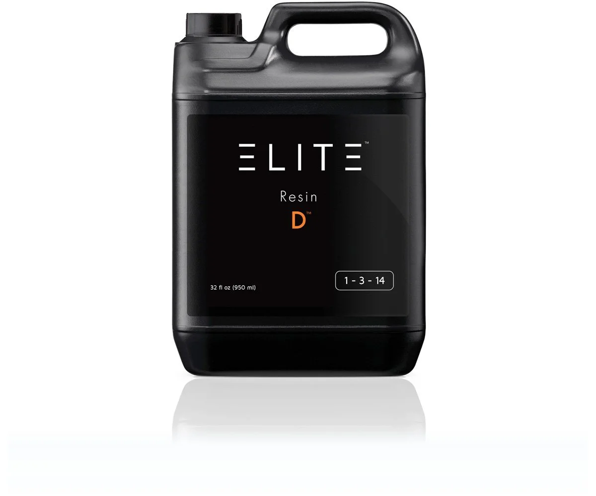 A black container of Elite Resin D, a 32-ounce (950 ml) epoxy resin product, with a handle on top and a black cap, set against a white background.