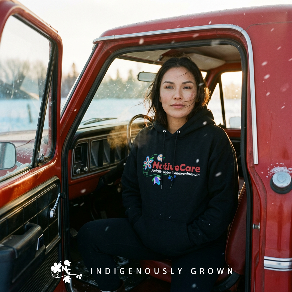 A woman sitting in the driver's seat of a red vintage truck during sunset, wearing a black hoodie with colorful floral and text design, with a snowy landscape in the background.