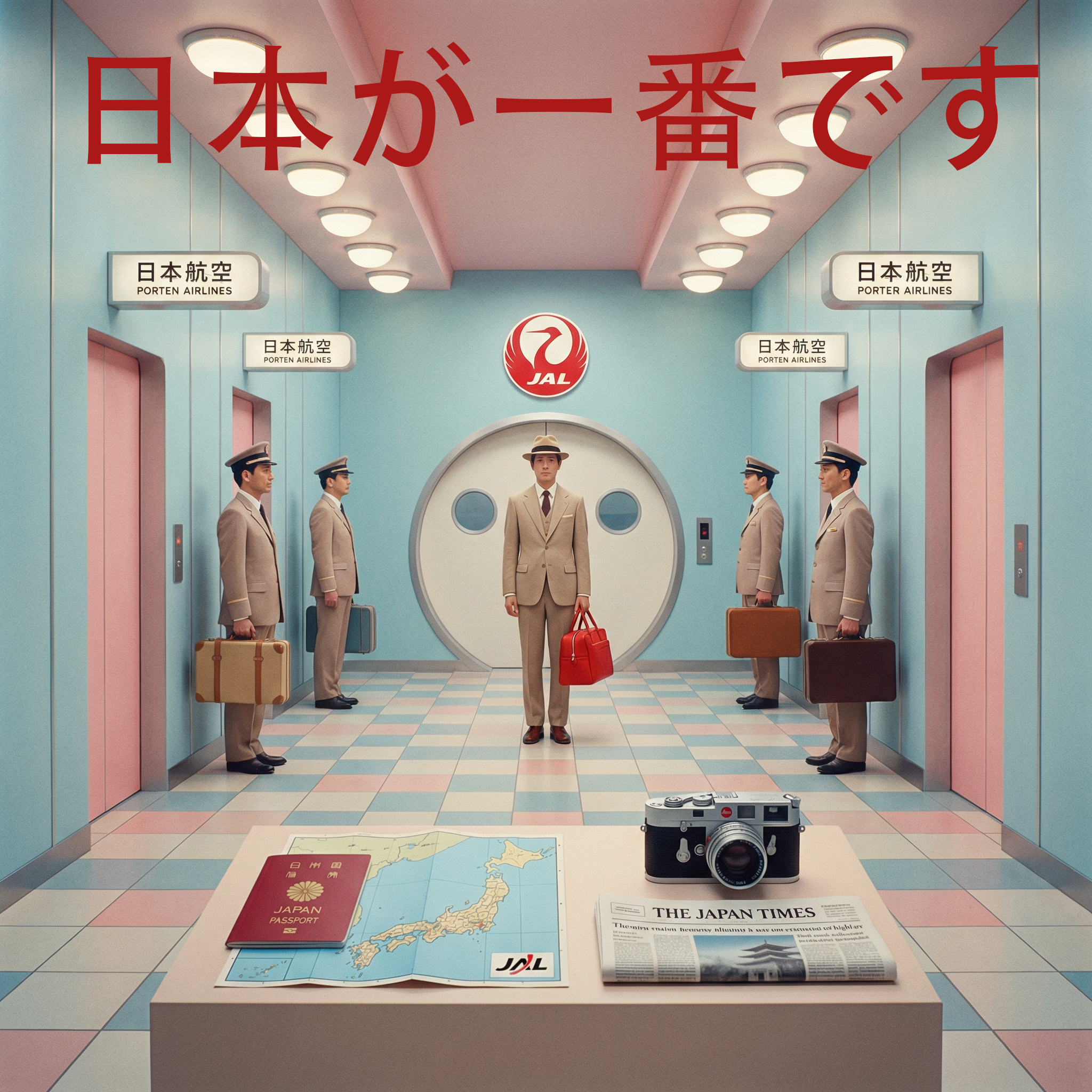 An illustration of five airline staff members dressed in uniform, standing in an airport, with an airplane door behind them. One person in the center holds a red bag, while the other four carry suitcases. There are signs in Japanese and English, a ca