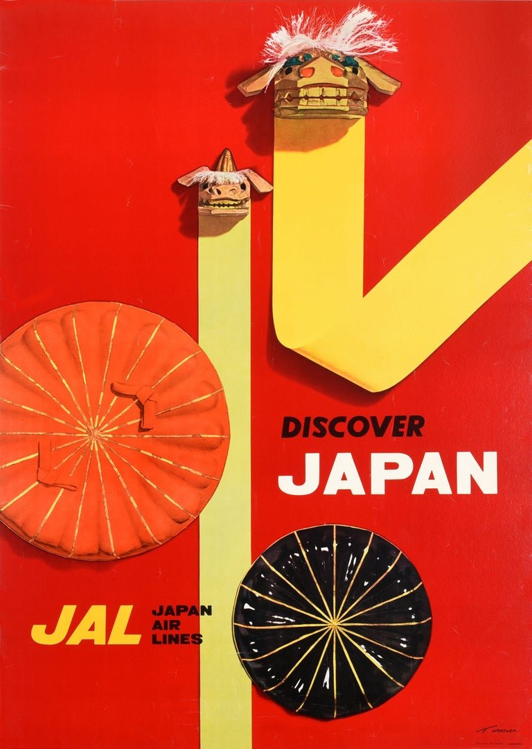 Colorful poster promoting Japan with two round objects resembling Japanese fans, one orange and one black, and two toy-like masks or figures on yellow and blue vertical shapes. Text reads 'Discover Japan' and 'JAL Japan Air Lines'.