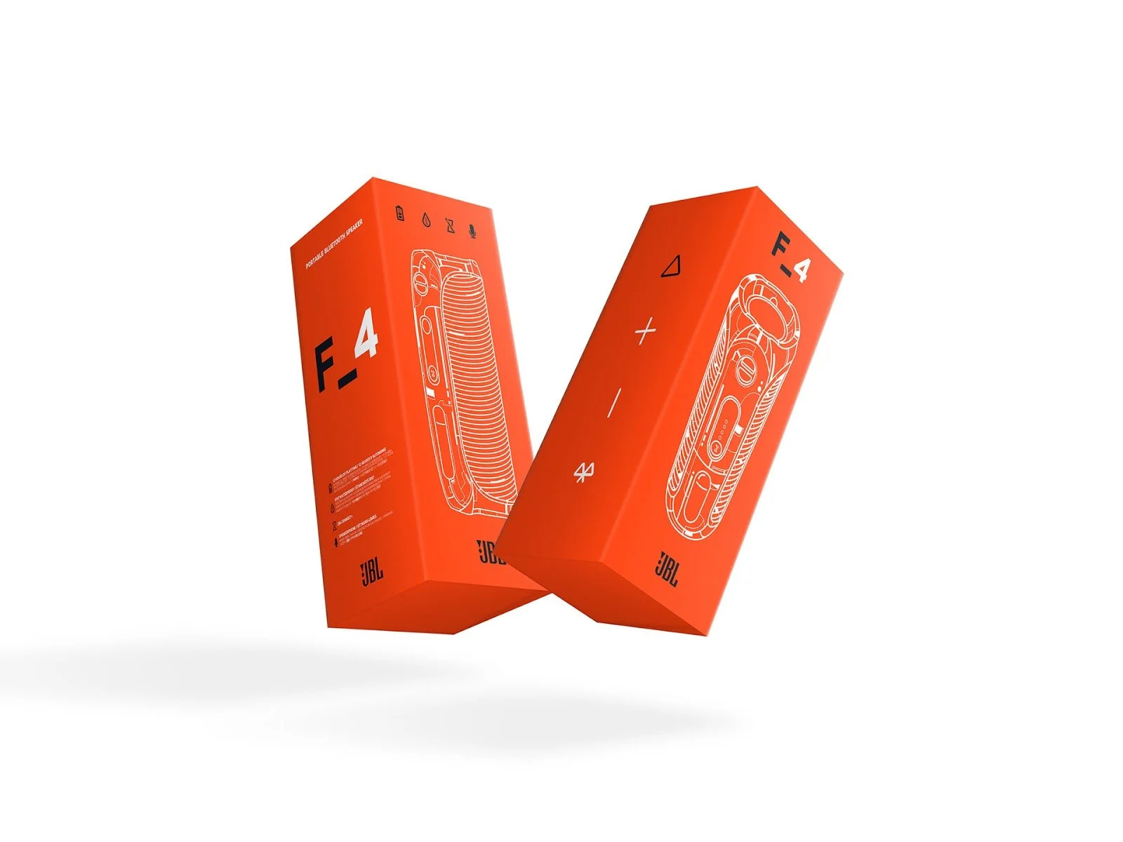 Two orange JBL F-4 portable Bluetooth speakers' boxes with white line drawings of the speakers, floating against a white background.