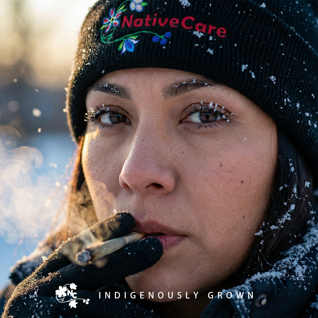 Close-up of a woman with dark hair, wearing a black beanie with colorful embroidery and the words 'Native Care'. She has snowflakes on her eyelashes and eyebrows, and is smoking a cigarette outdoors in a snowy environment.