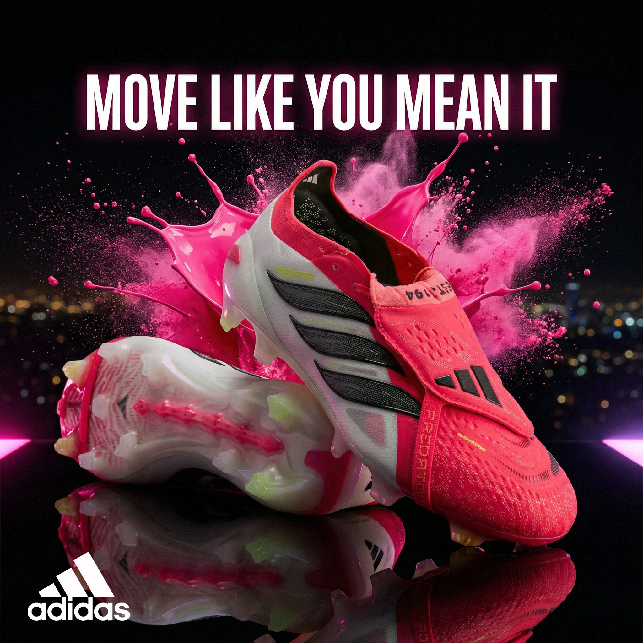 Pink Adidas soccer cleats with black and yellow accents, surrounded by pink powder splash, with the motivational phrase 'Move Like You Mean It' above and the Adidas logo below.