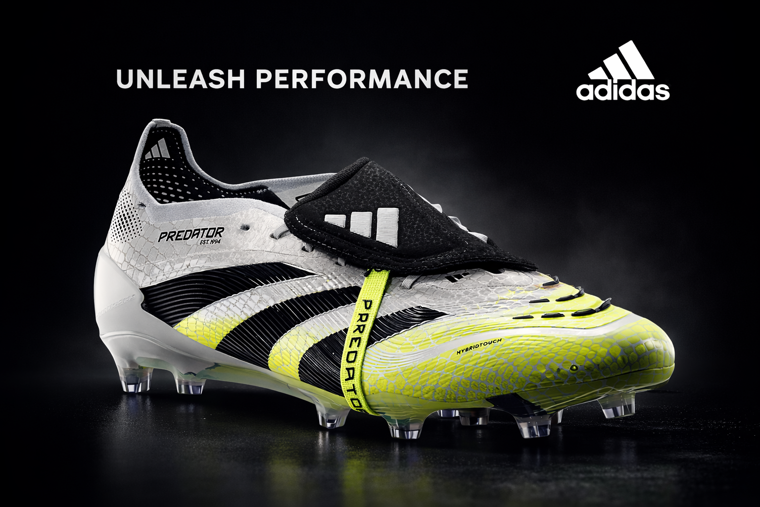 A pair of Adidas Predator football cleats with a yellow and black design, displayed against a black background with the text 'Unleash Performance' and the Adidas logo.
