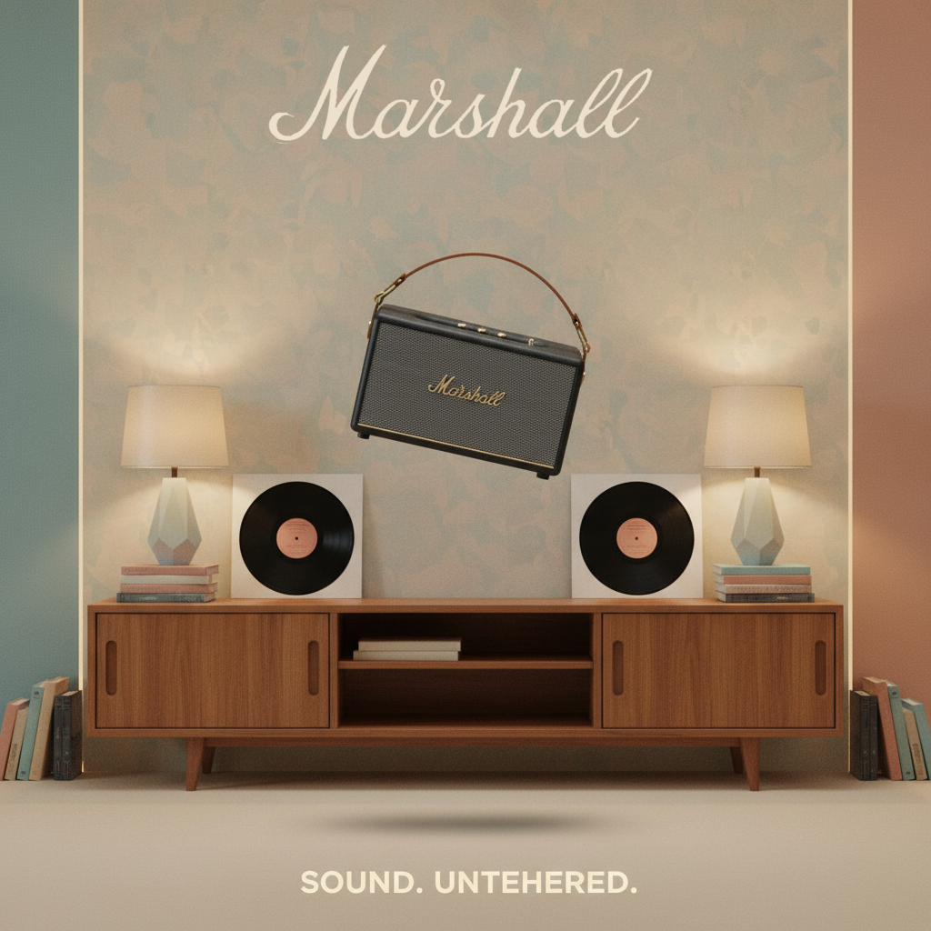 A vintage Marshall speaker hanging above a wooden sideboard, with two table lamps and vinyl records on either side. Several books are stacked on each side of the sideboard, and the word 'Marshall' is written at the top with the phrase 'Sound. Untered