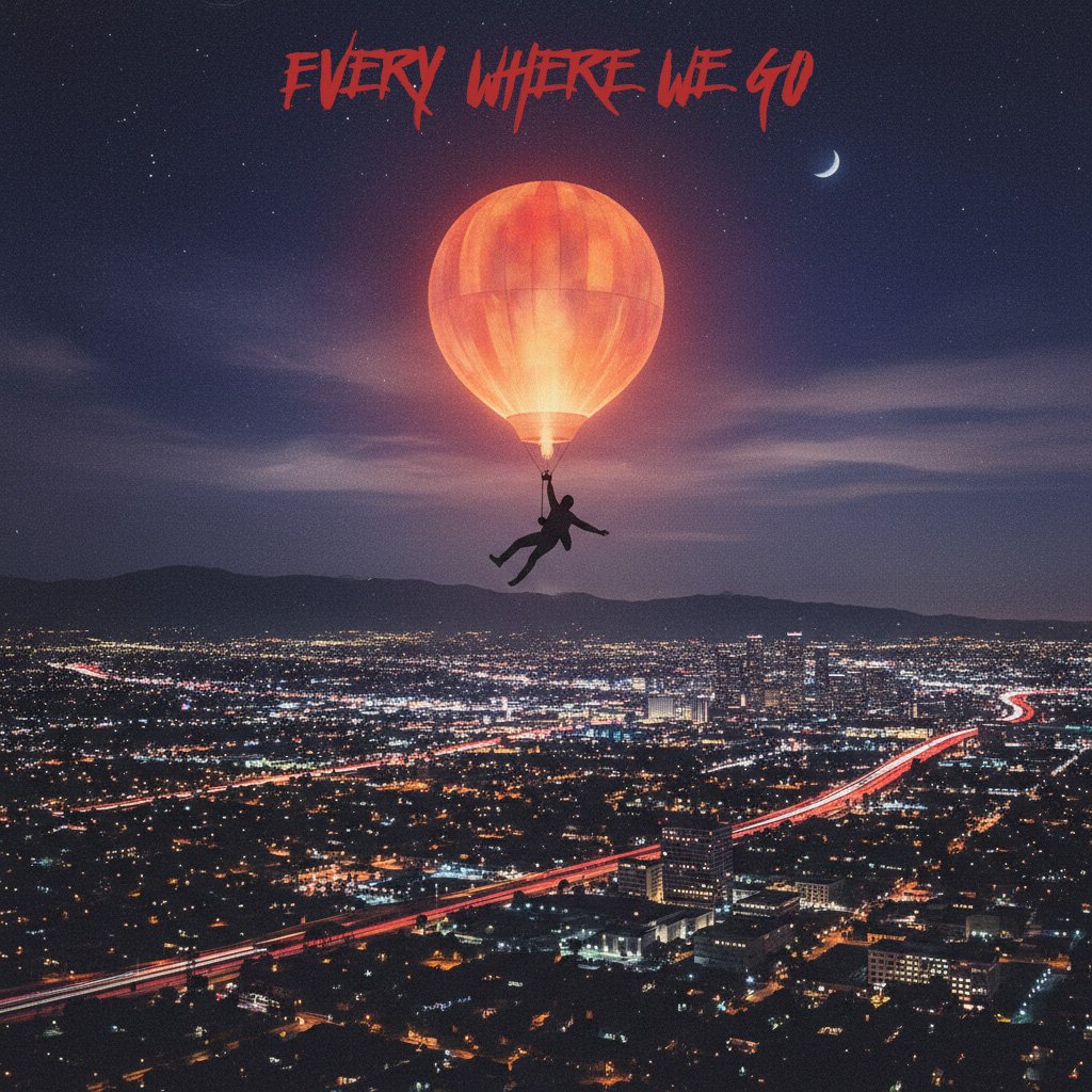 A person floating above a cityscape at night holding onto a glowing hot air balloon that resembles the moon. The sky is dark with a crescent moon and stars, and the scene has the text "Everywhere We Go" in red at the top.