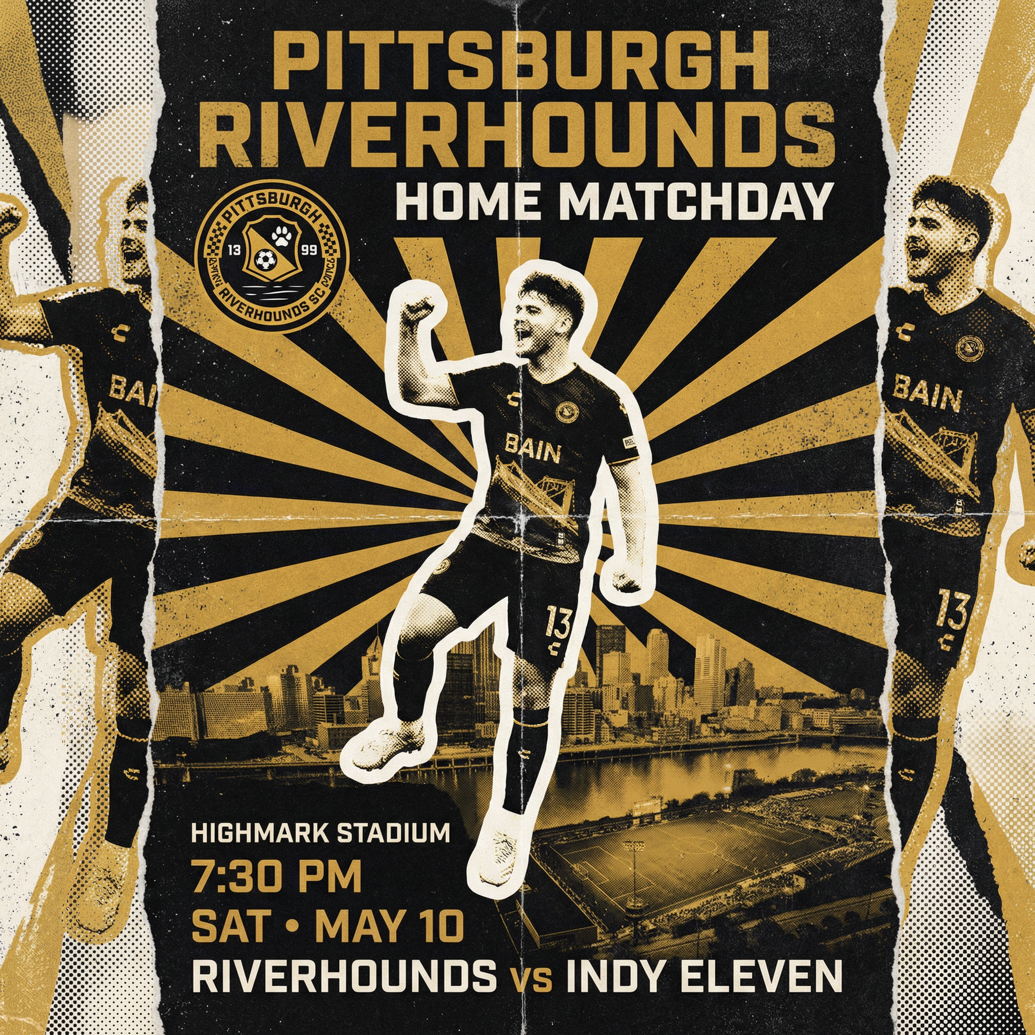 Promotional poster for a soccer match between Pittsburgh Riverhounds SC and Indy Eleven, featuring images of players in black and gold uniforms, the Riverhounds logo, event details including date, time, and location at Highmark Stadium on Saturday, M