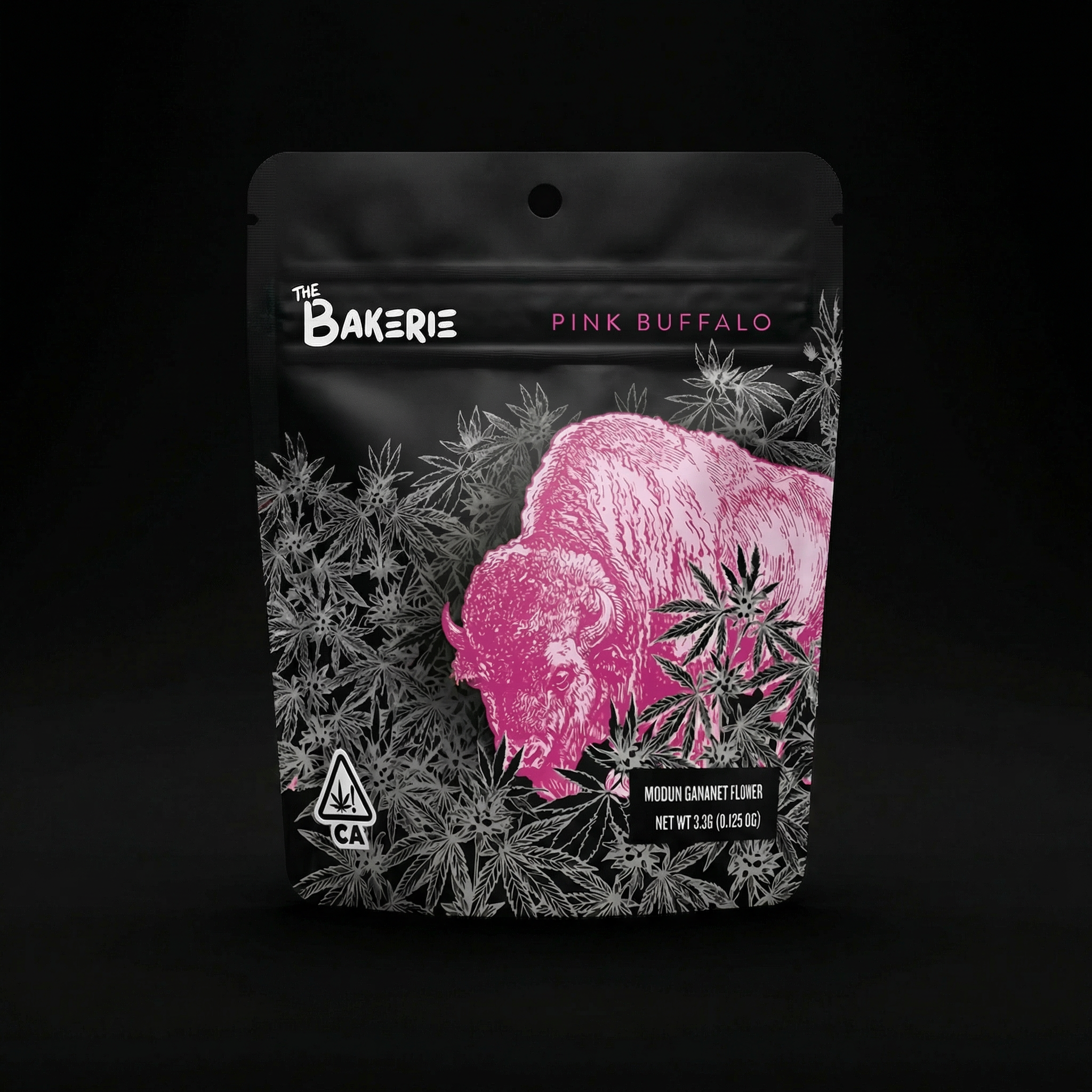 Packaging of The Bakerie Pink Buffalo cannabis flower with a pink buffalo illustration and cannabis leaves in the background, on a black backdrop.