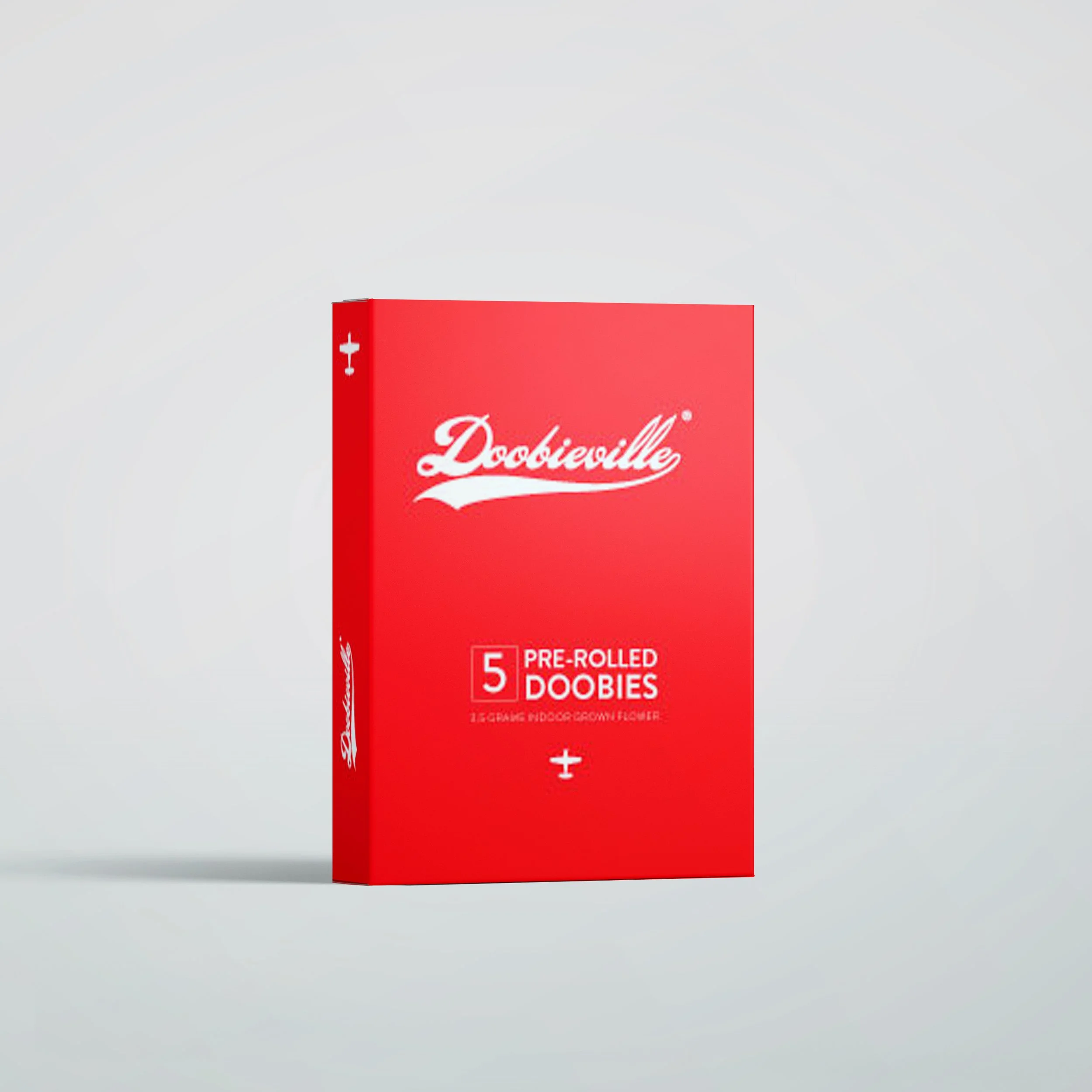 Red box of Doobieville pre-rolled doobies, contains five 1.5 gram indoor-grown flower pre-rolled joints.