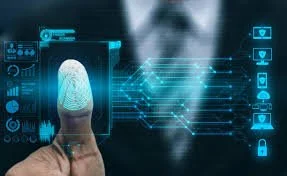 A person pointing their finger at a fingerprint scanner with a digital interface and security icons in the background.
