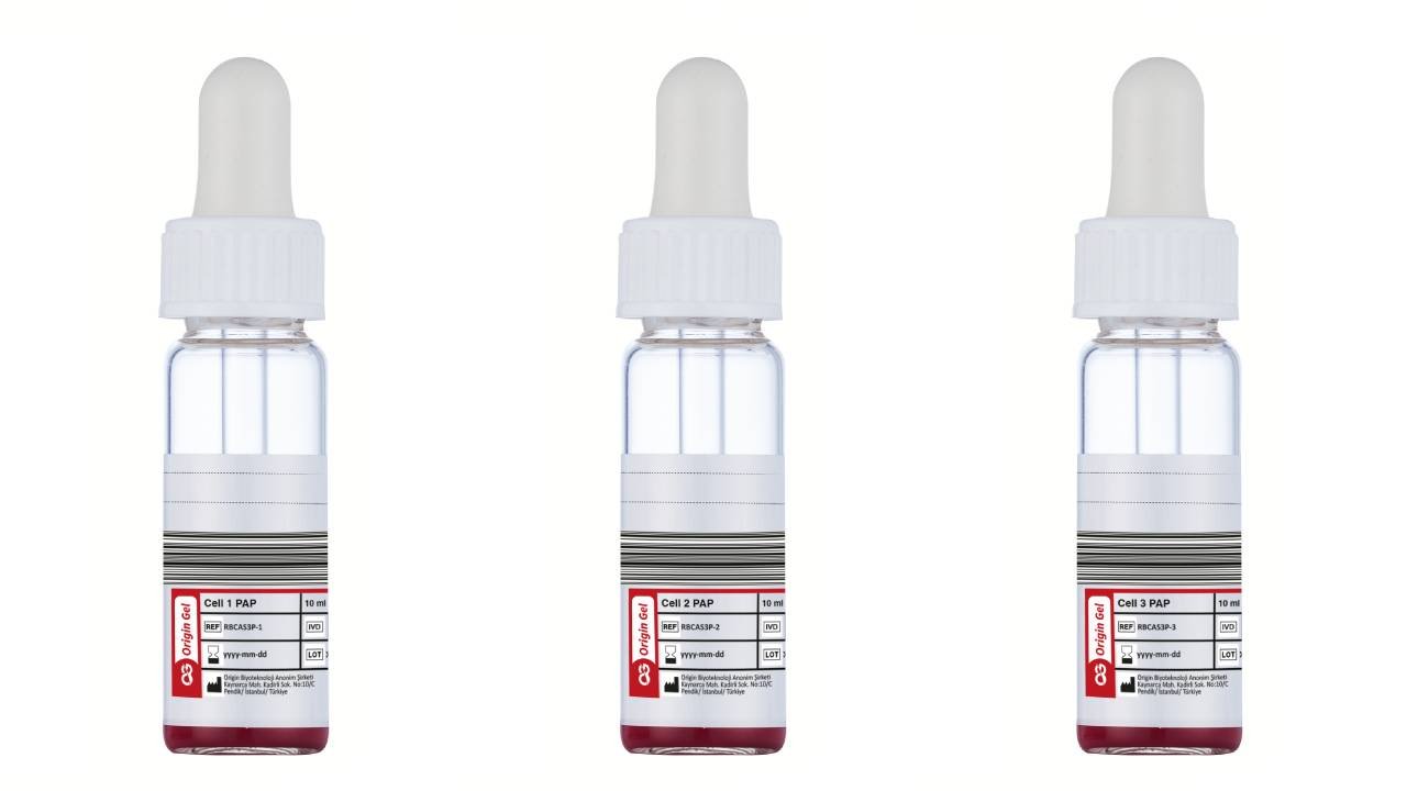 Three small transparent bottles with dropper caps containing red-tinted laboratory samples on a white background.