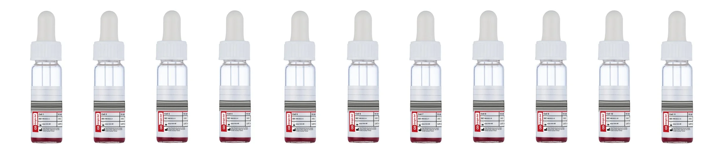 Multiple blood sample vials with dropper caps, arranged in a row, labeled for different blood cells, against a white background.