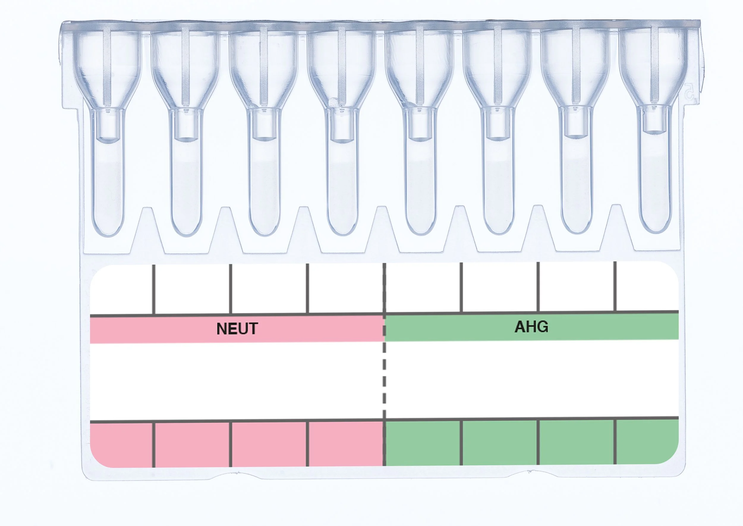 A plastic test tube rack holding ten test tubes above a blood type blood testing chart with sections labeled NEUT and AHG, color-coded in pink and green.