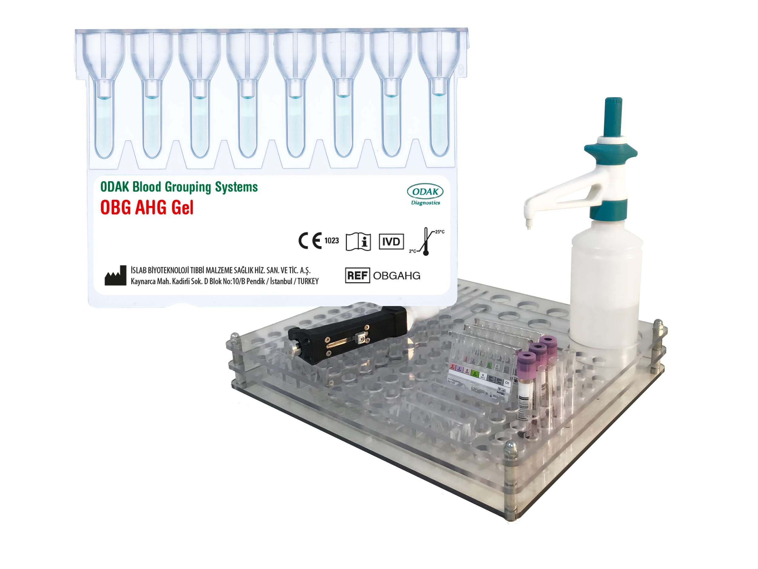 Laboratory blood testing setup with test tubes, test tube rack, blood collection device, and sample vials.