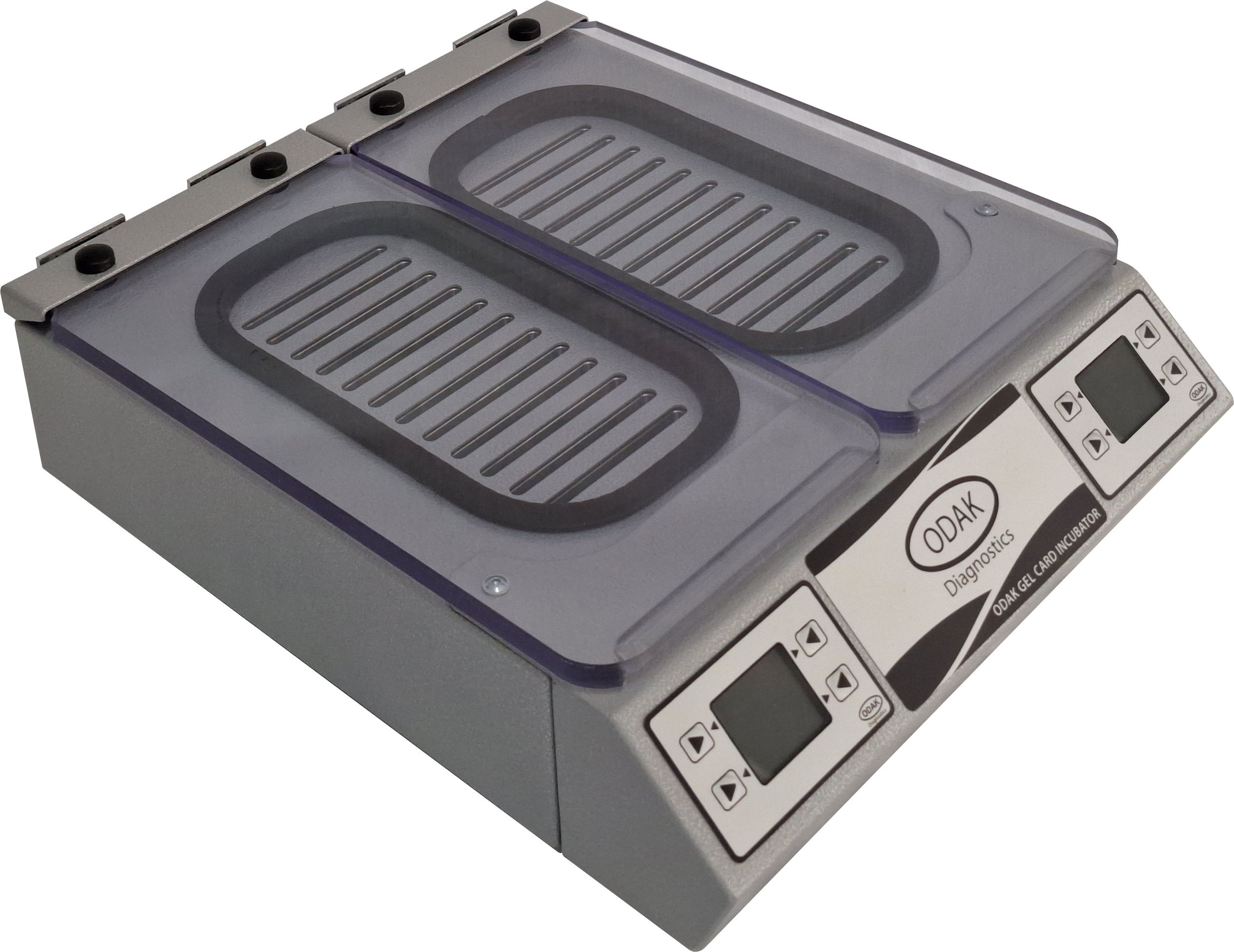 ODAK Diagnostics gel card incubator with two glass plates inside and digital control panels.