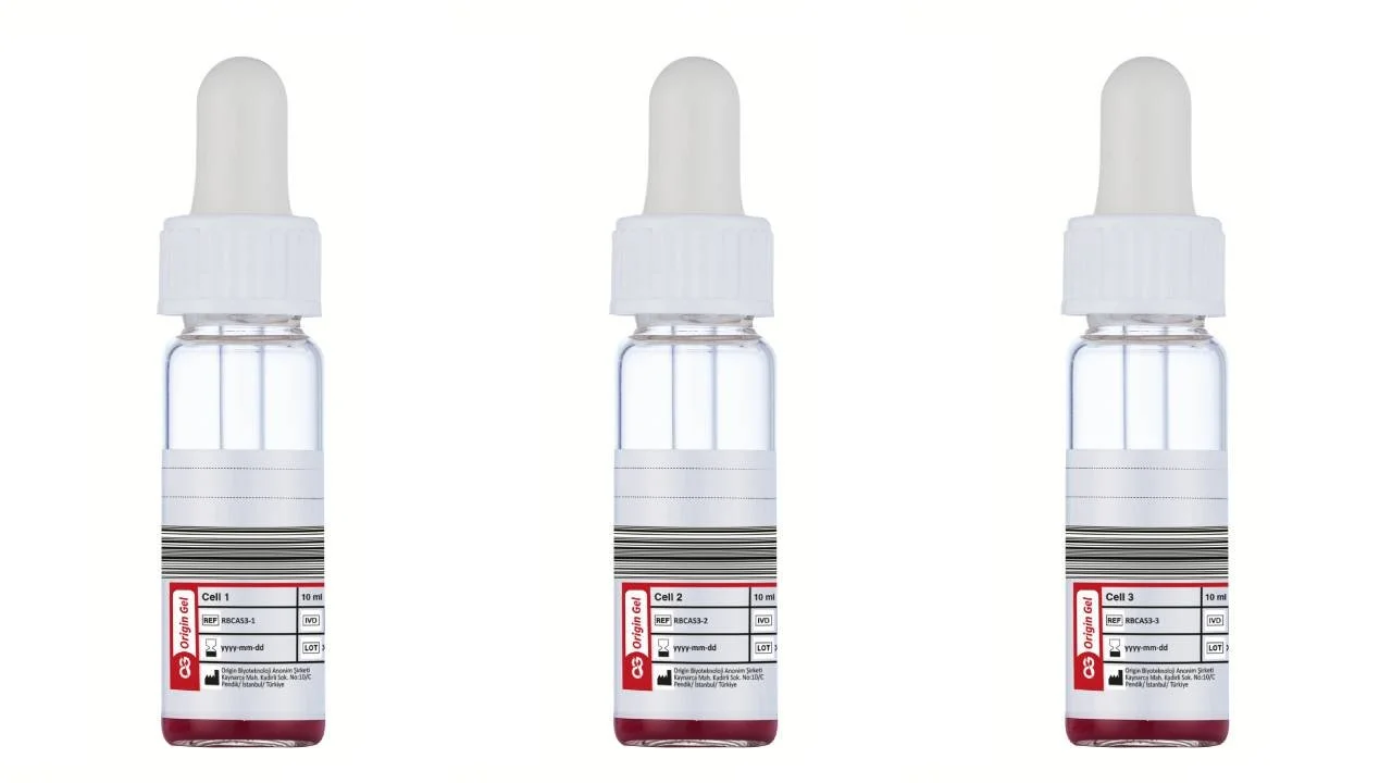 Three blood sample vials with dropper caps and labels.