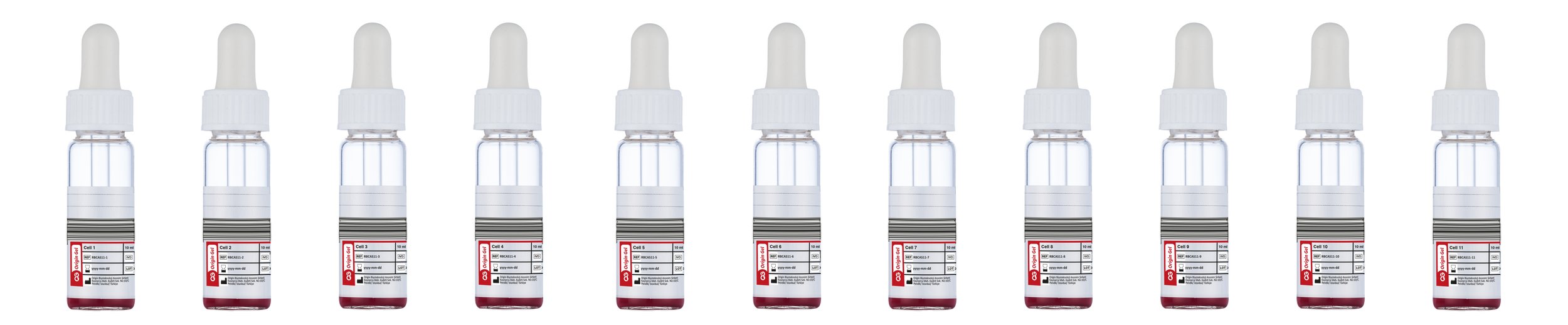 Multiple blood sample vials with white dropper caps lined up in a row on a white background.