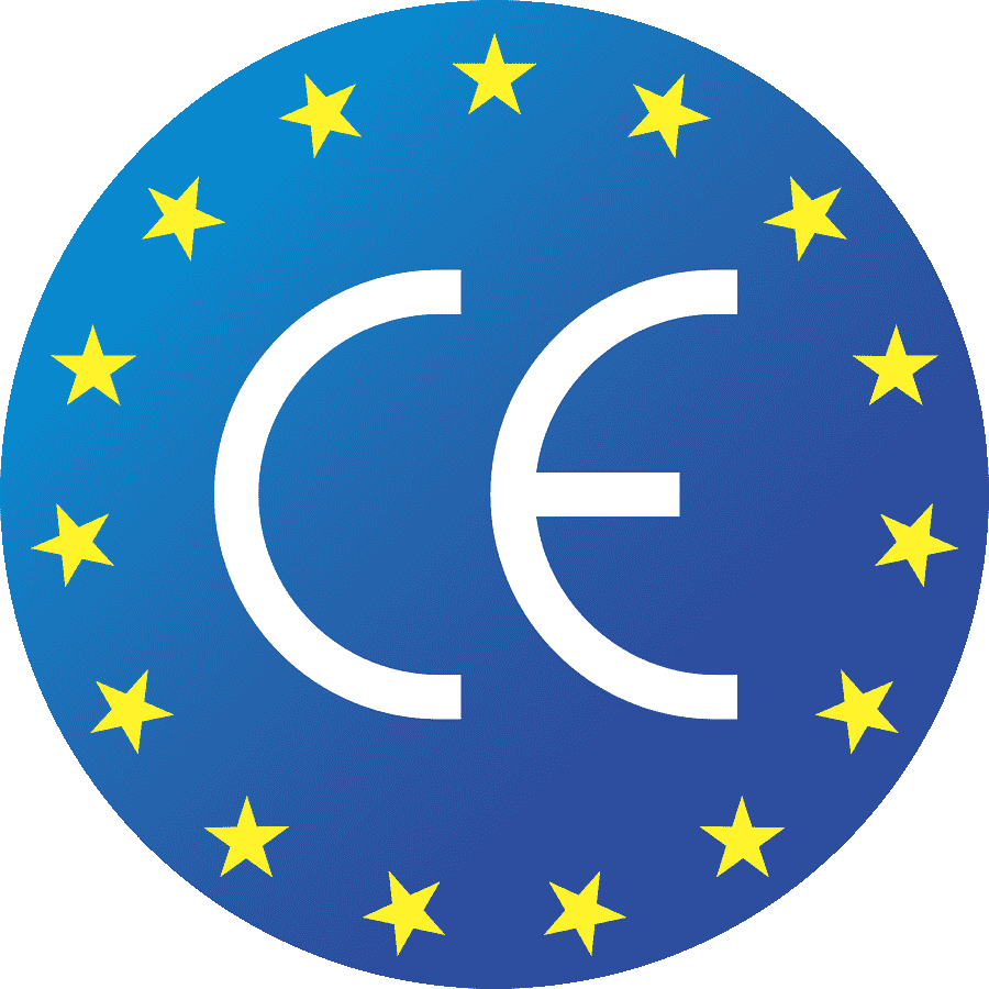 A circular logo with a blue background, yellow stars around the border, and the CE mark in the center.