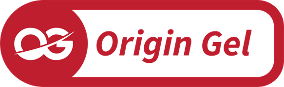 Logo for Origin Gel featuring a red background, a white stylized 'OG' symbol, and the words 'Origin Gel' in bold red letters.