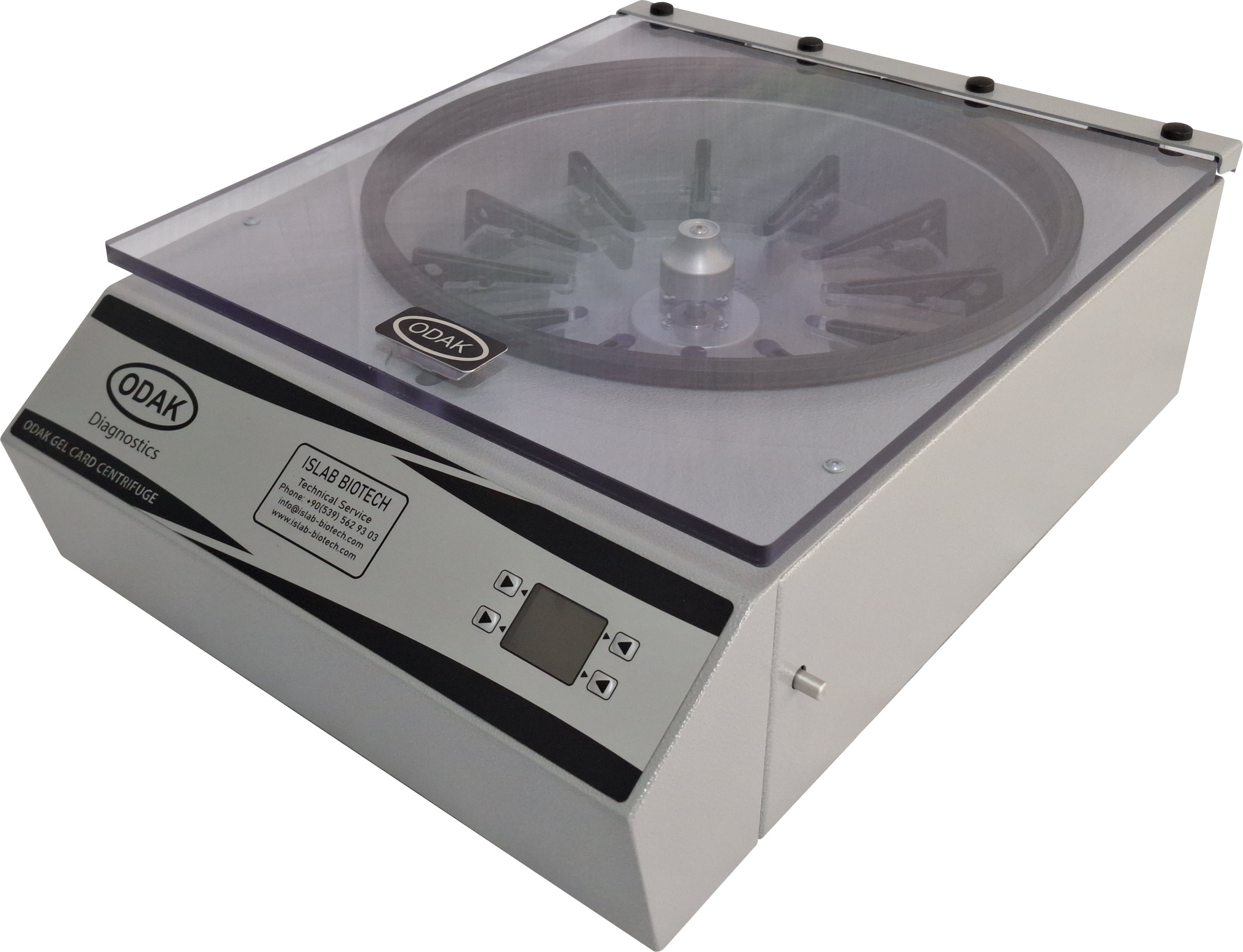 Laboratory centrifuge with a clear lid and control panel on the front.