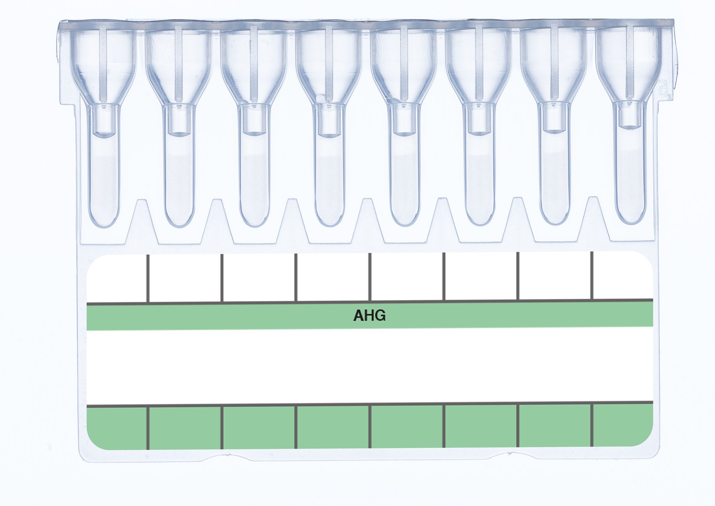 A lab test kit with ten small vials at the top, and a test strip below labeled 'AHG', with color-coded sections in green and white.