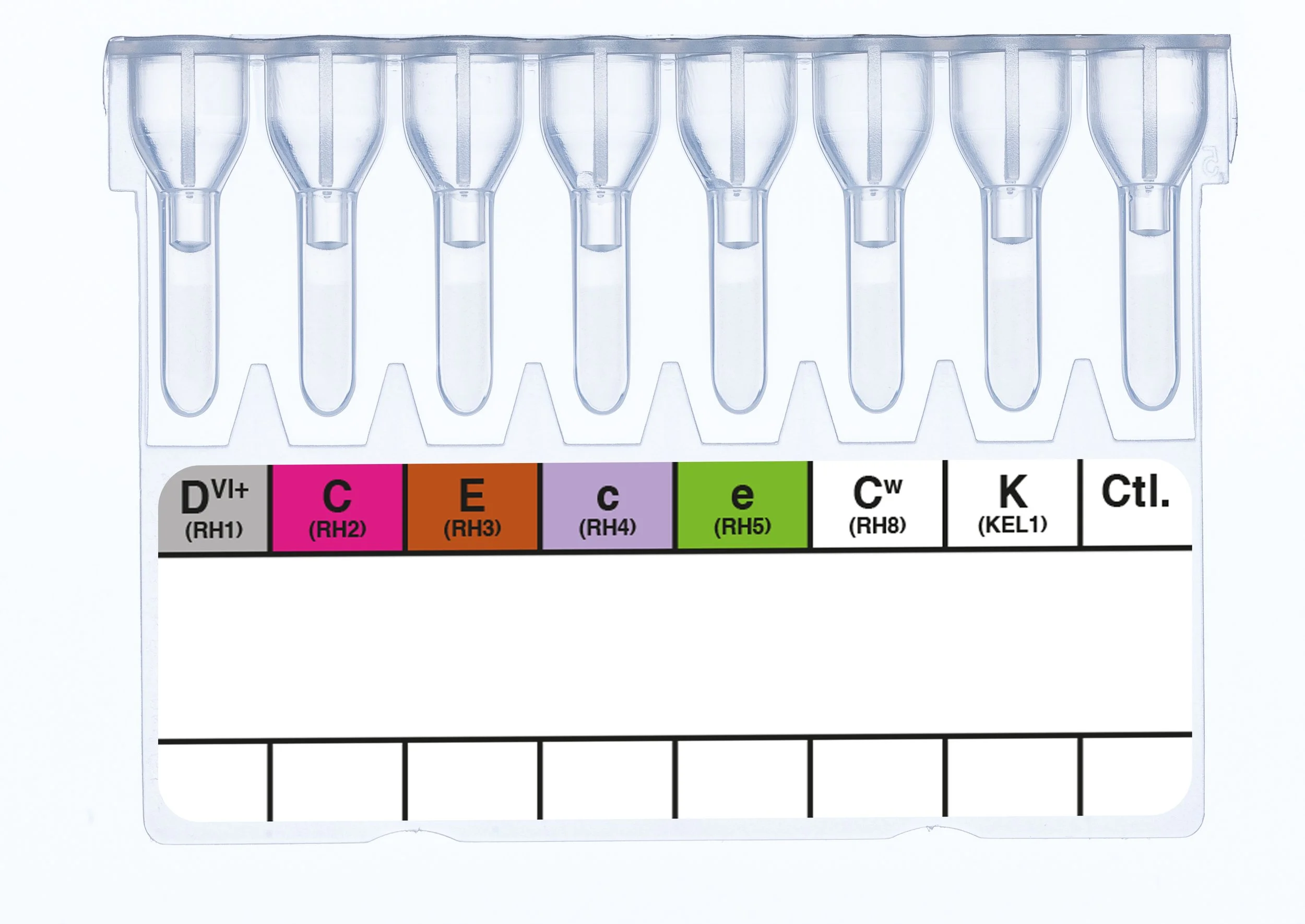 A laboratory pipette strip with color-coded labels indicating various reagents and controls for testing.