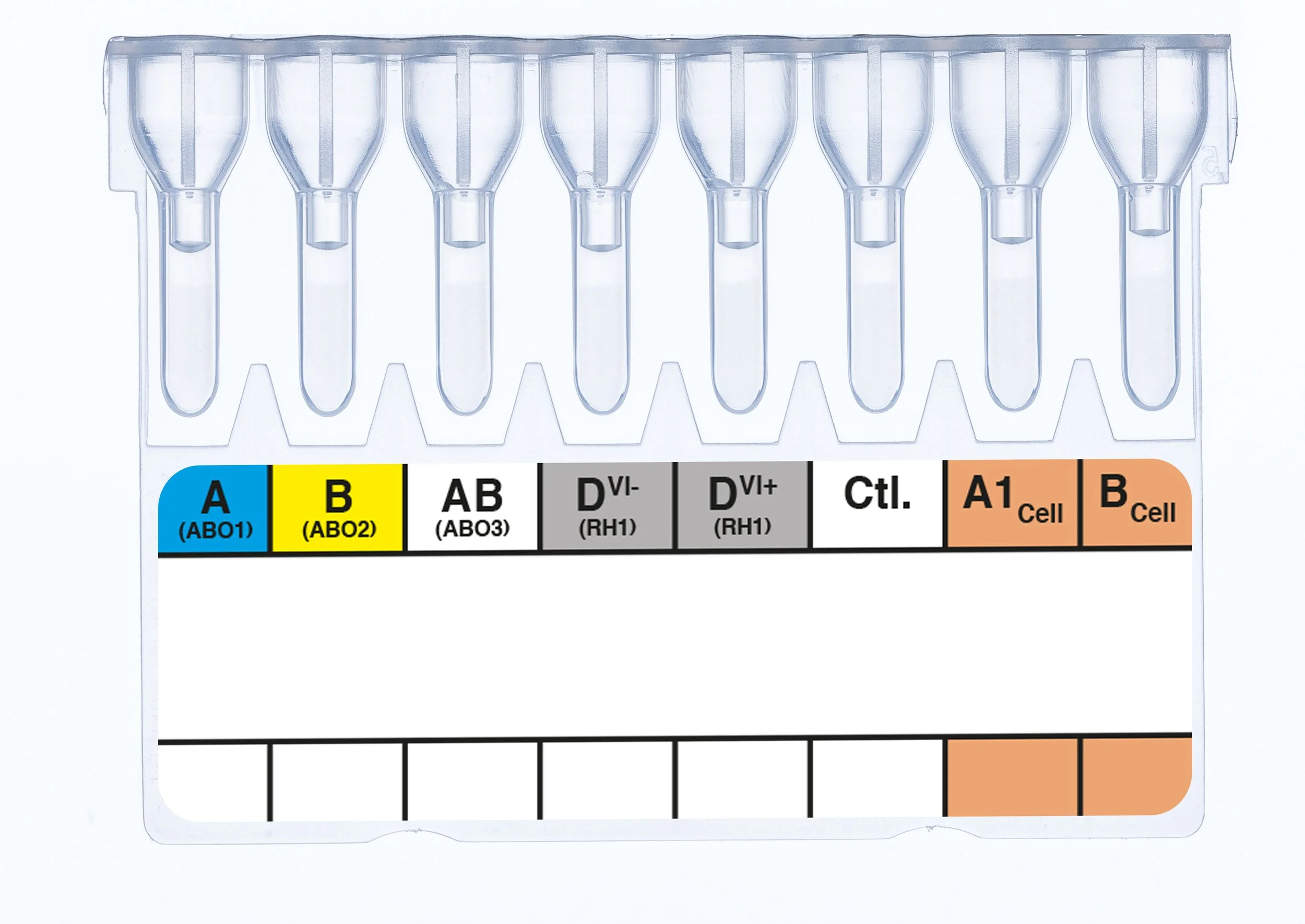Blood typing test strip with color-coded sections indicating blood groups A, B, AB, D, and control, along with cell-specific markers.