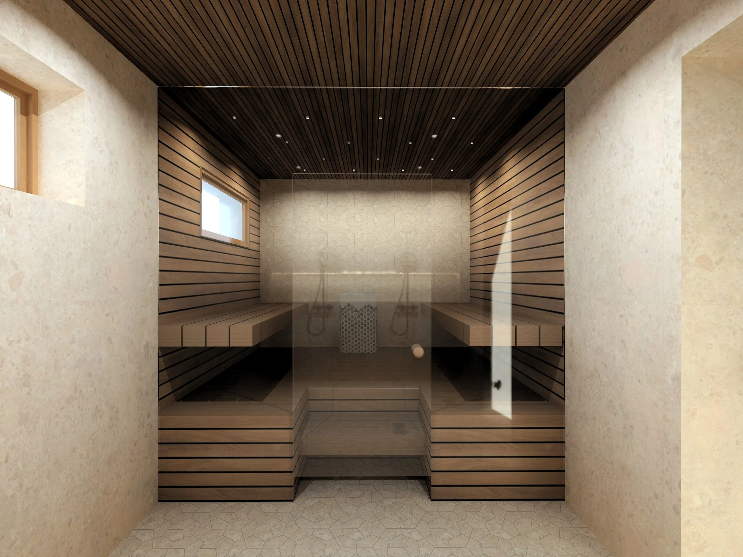 Lempi sauna: puupaneloidut seinät ja katto, lasiovi, pieni ikkuna ja kivi- tai laattapinta sekä istuimet.