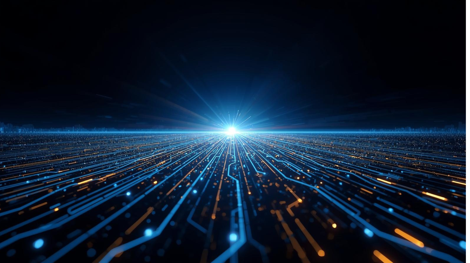 Abstract visualization of data streams and circuitry converging toward a horizon, symbolizing innovation and strategic IP leadership in the age of AI.