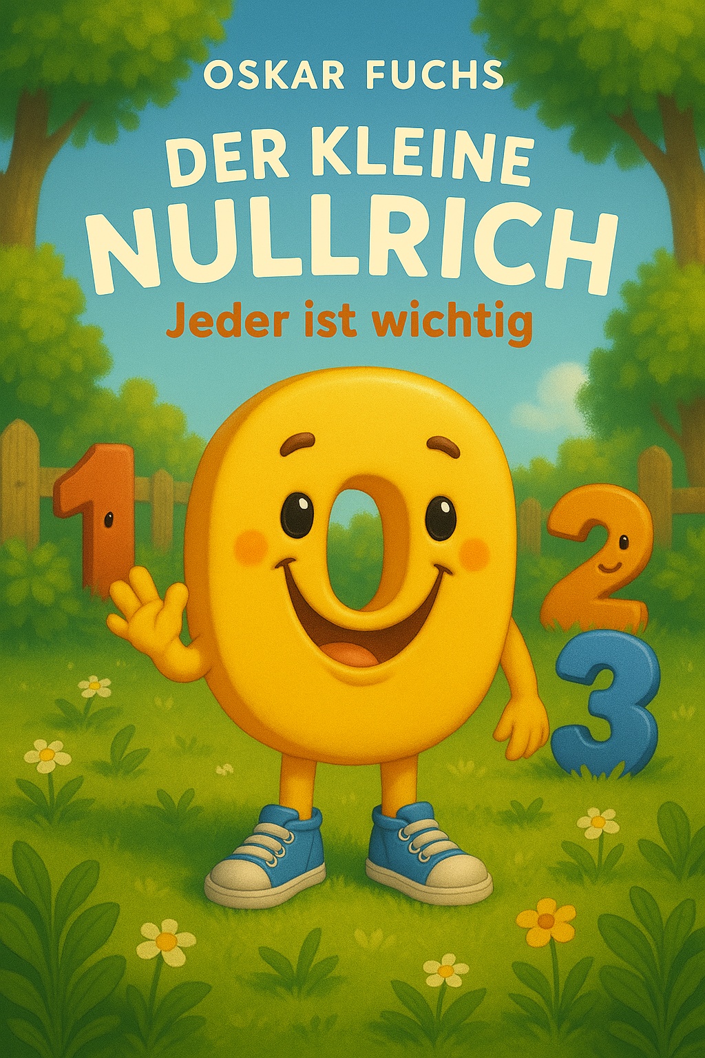 Cover eines Kinderbuchs mit einem lachenden, gelben, numerischen Zeichen '0', das Schuhe trägt, umgeben von Zahlen 1, 2, 3 auf einer grünen Wiese mit Blumen, Himmel und Bäumen im Hintergrund, Titel 'Oskar Fuchs Der kleine Nullrisch', Untertitel 'Jeder ist wichtig'.
