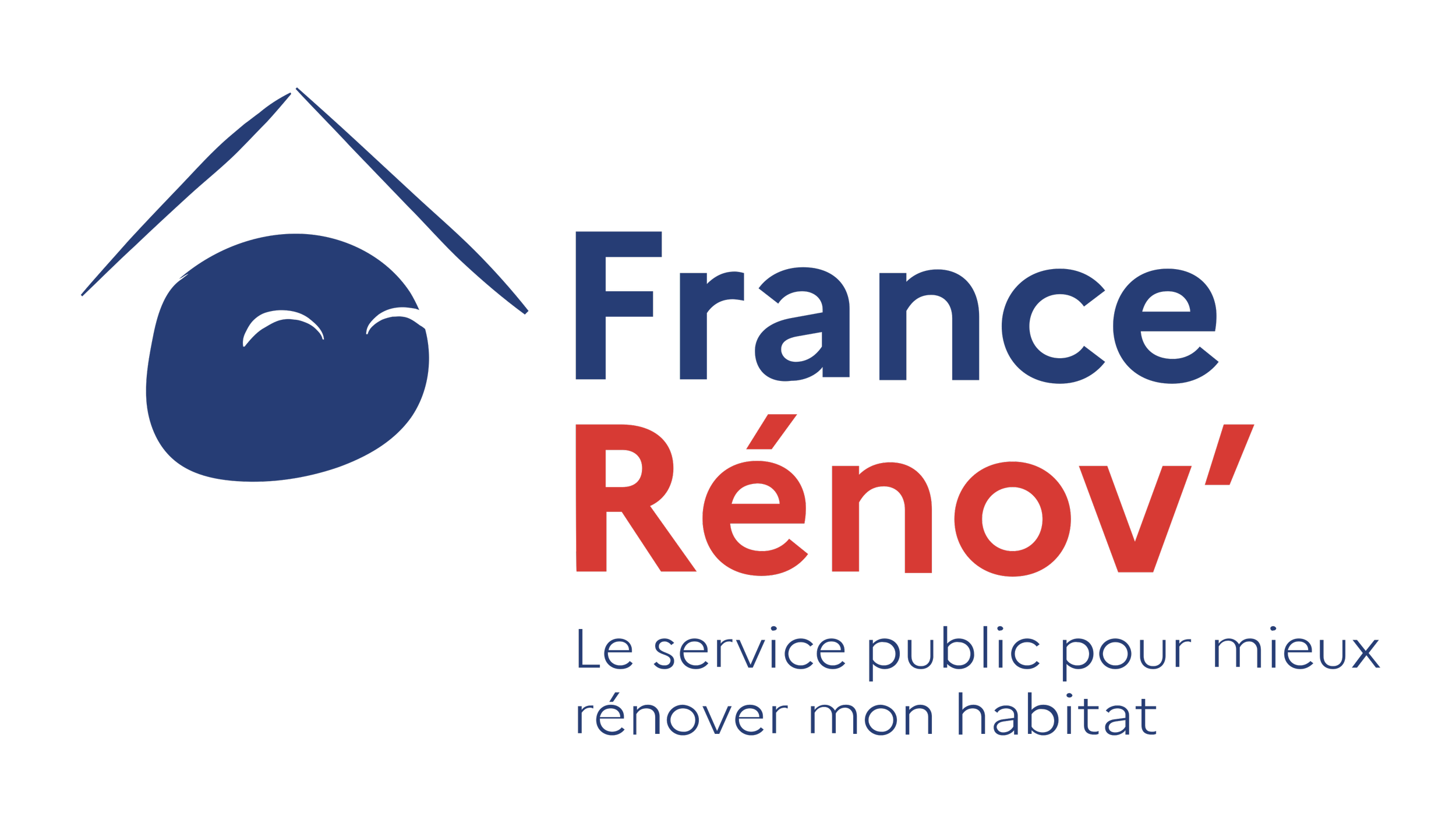 Logo de France Rénov avec un visage souriant stylisé et un toit en forme de montagne, suivi du texte en français : "France Rénov" en bleu et rouge, et le slogan en bleu : "Le service public pour mieux rénover mon habitat".