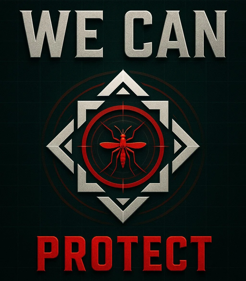 Affiche avec un insecte au centre, entouré d'un motif de visée. En haut, le texte "WE CAN" en lettres argentées, et en bas, le mot "PROTECT" en lettres rouges.