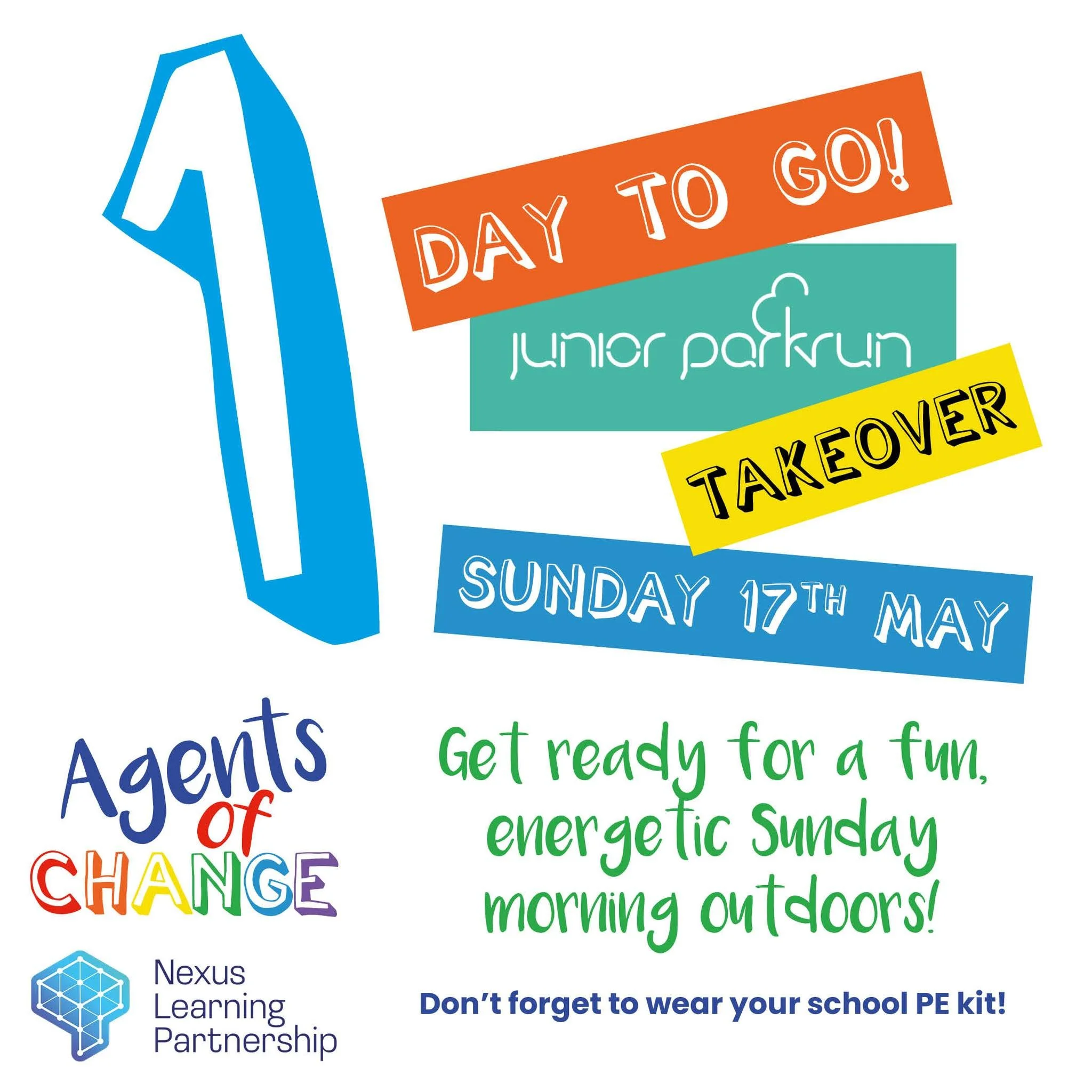 🌟🏃&zwj;♀️ TOMORROW &ndash; JUNIOR PARKRUN TAKEOVER! 🏃&zwj;♂️🌟

📣Join us at Old Heath Recreation Ground for our amazing Agents of Change Junior parkrun Takeover in your SCHOOL PE KIT!
Whether you&rsquo;re running, walking, skipping or cheering on