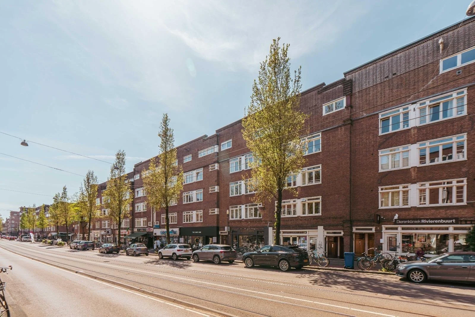Straat met autoverkeer, winkels en appartementen, bomen langs de stoep, overwegend bewolkte lucht