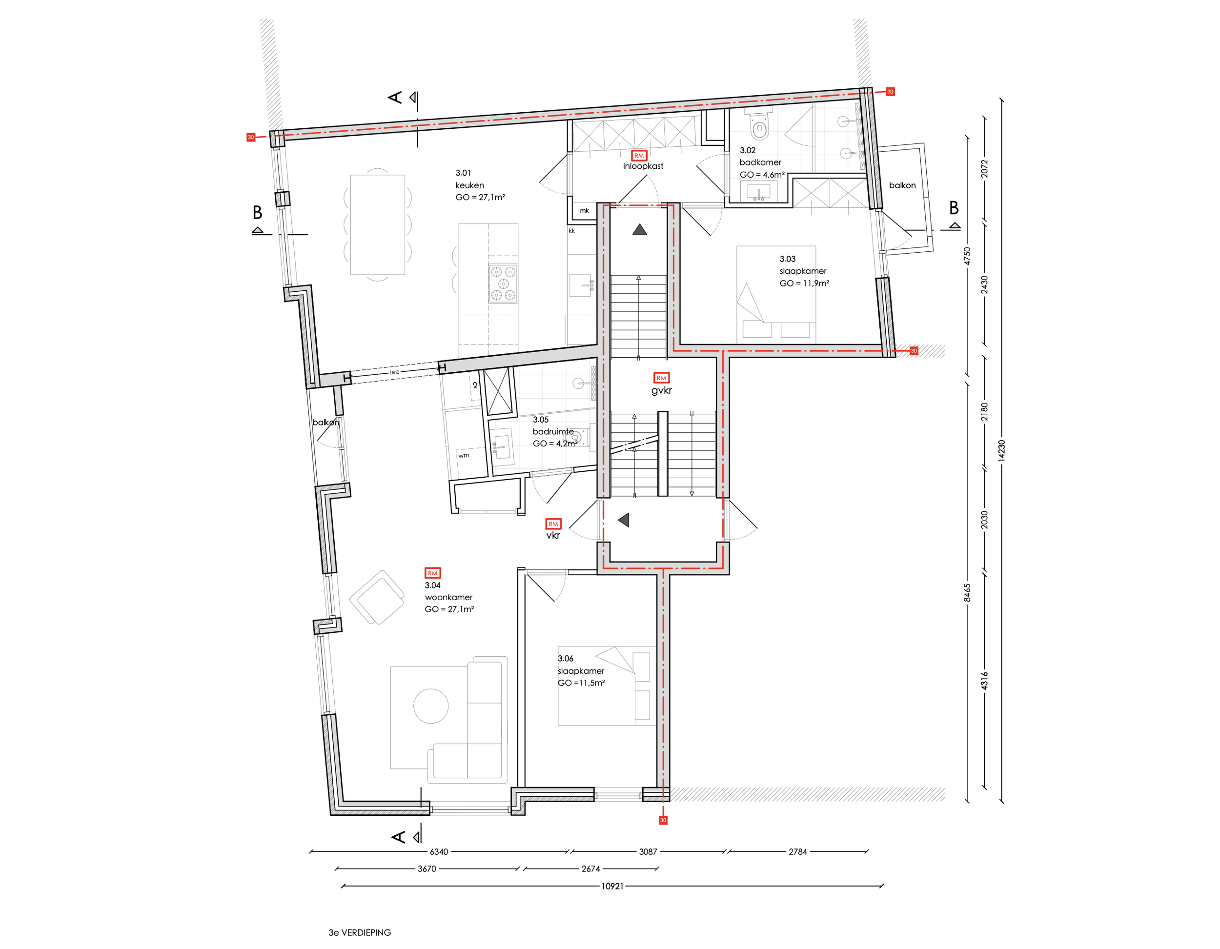 Plattegrond van een woning met verschillende kamers, inclusief keuken, woonkamer, slaapkamers, badkamer en balkons, met afmetingen en labels in het Nederlands.