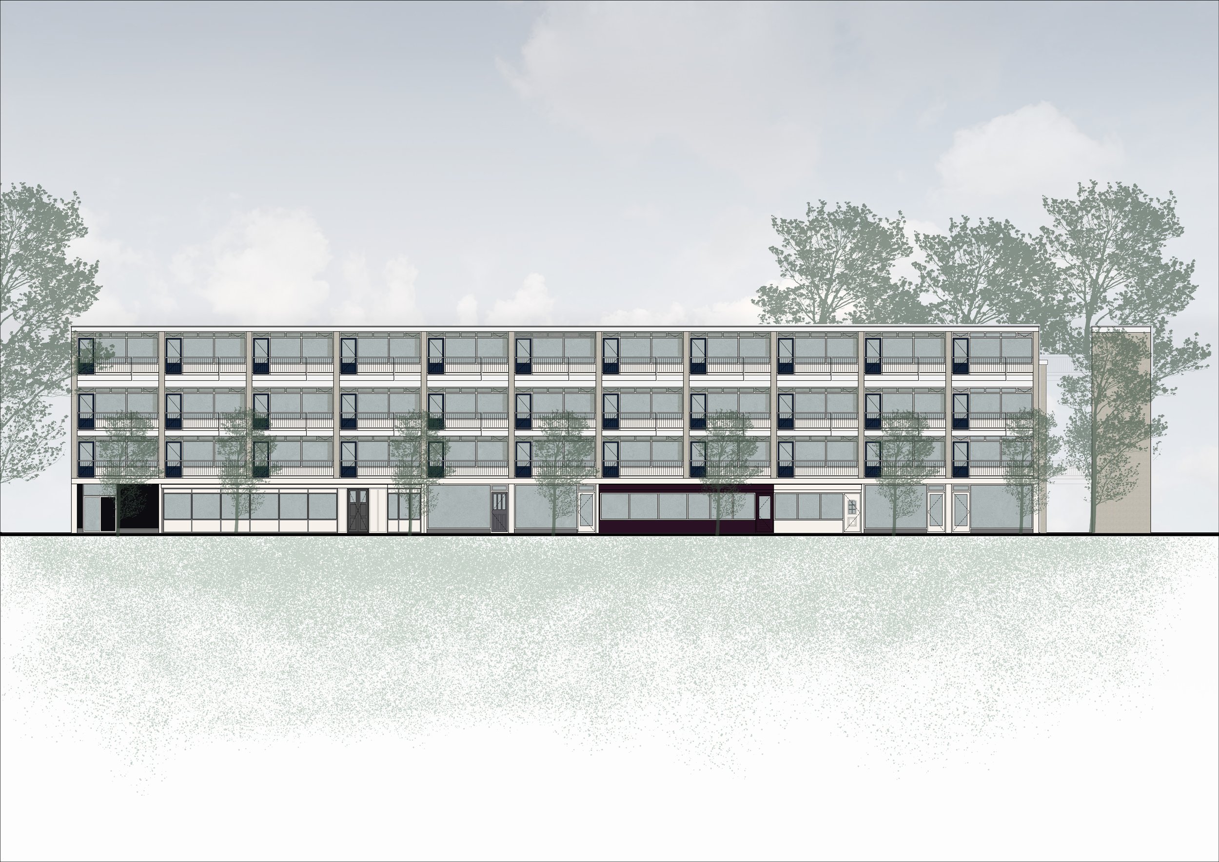 Een digitale tekening van een modern, vier verdiepingen tellend appartementencomplex met grote ramen en balkons, omgeven door planten en bomen.