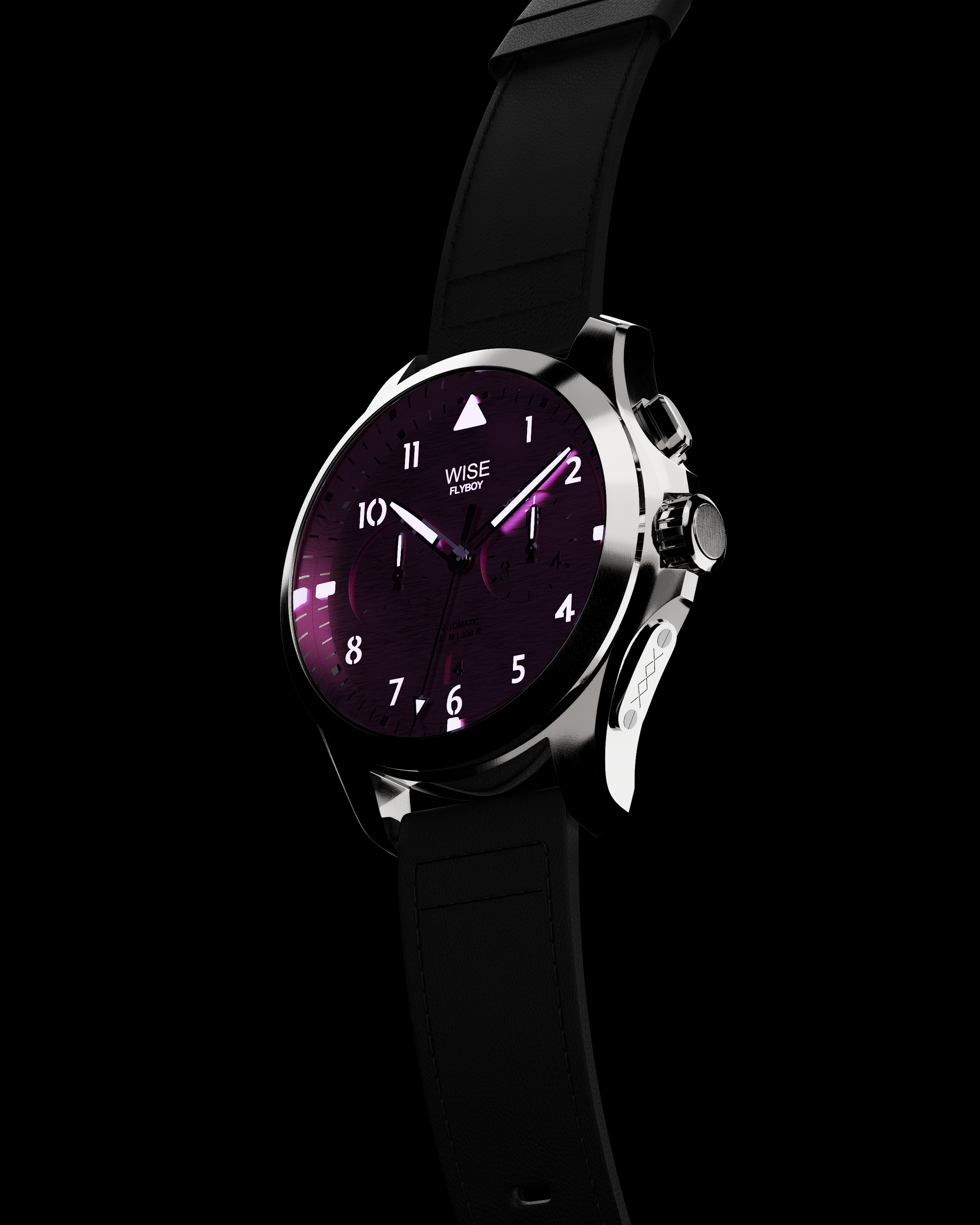 Orologio elegante con cinturino in pelle nera e quadrante viola scuro, visualizzato in un'illuminazione soffusa su sfondo nero.