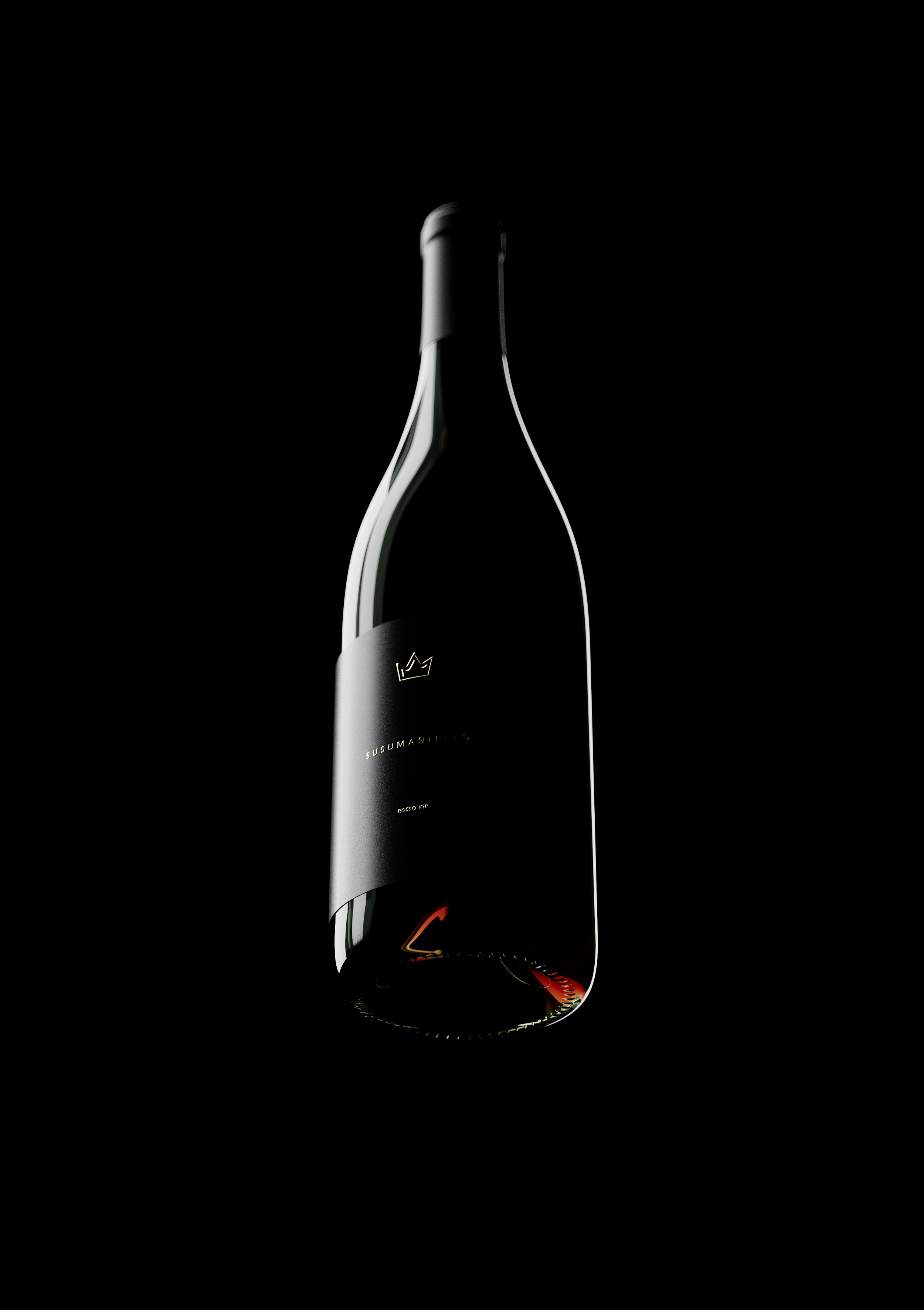 Bottiglia di vino scura con etichetta nera, sfondo nero, illuminata dramaticamente