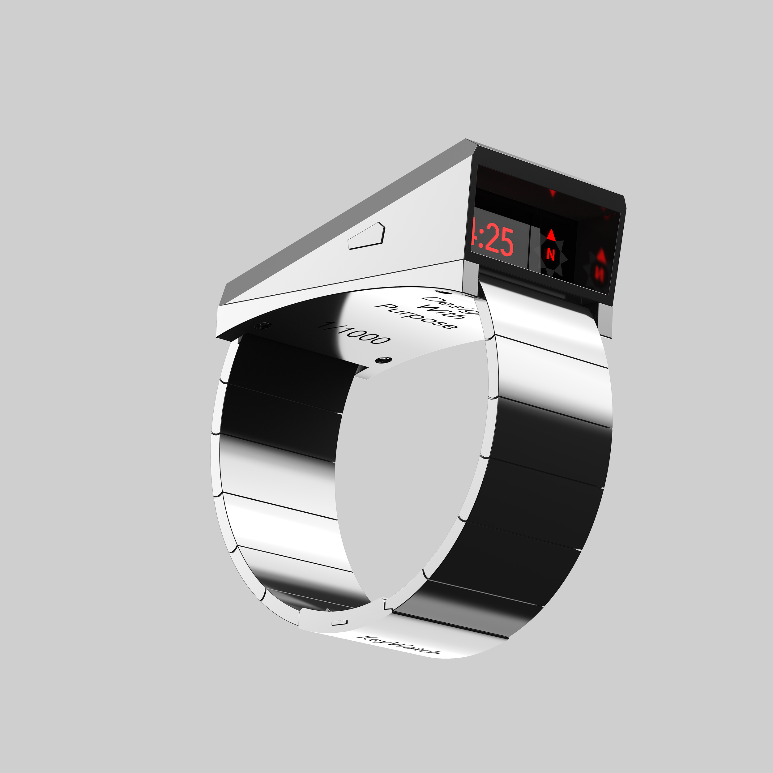 Un anello di metallo con display digitale sopra. L'anello è di colore nero e argento, con segmenti che sembrano essere regolabili. Sul display rosso si vede il numero 25, e ci sono frecce e lettere che indicano direzione.