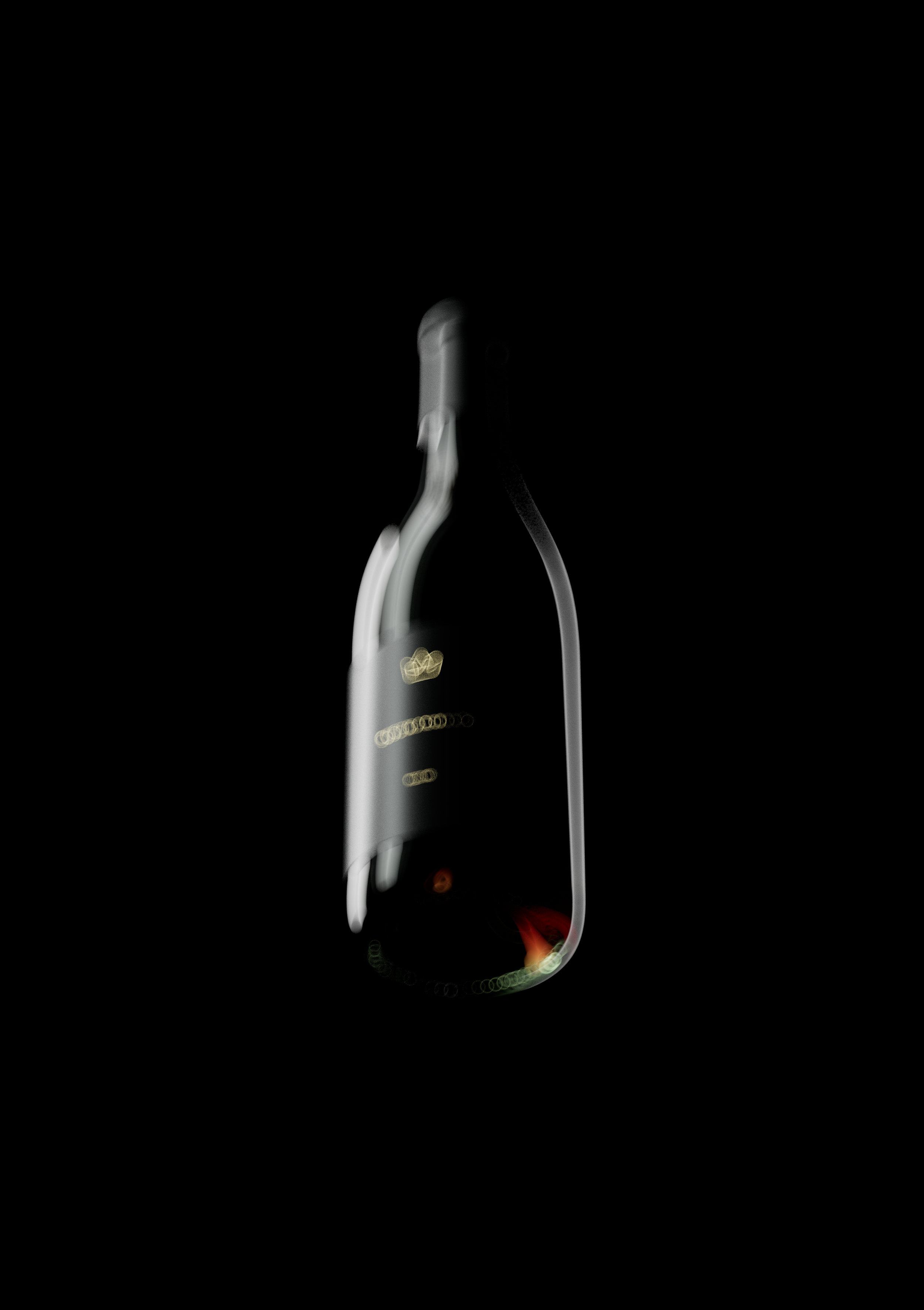 Bottiglia di vino rosso in primo piano su sfondo nero.