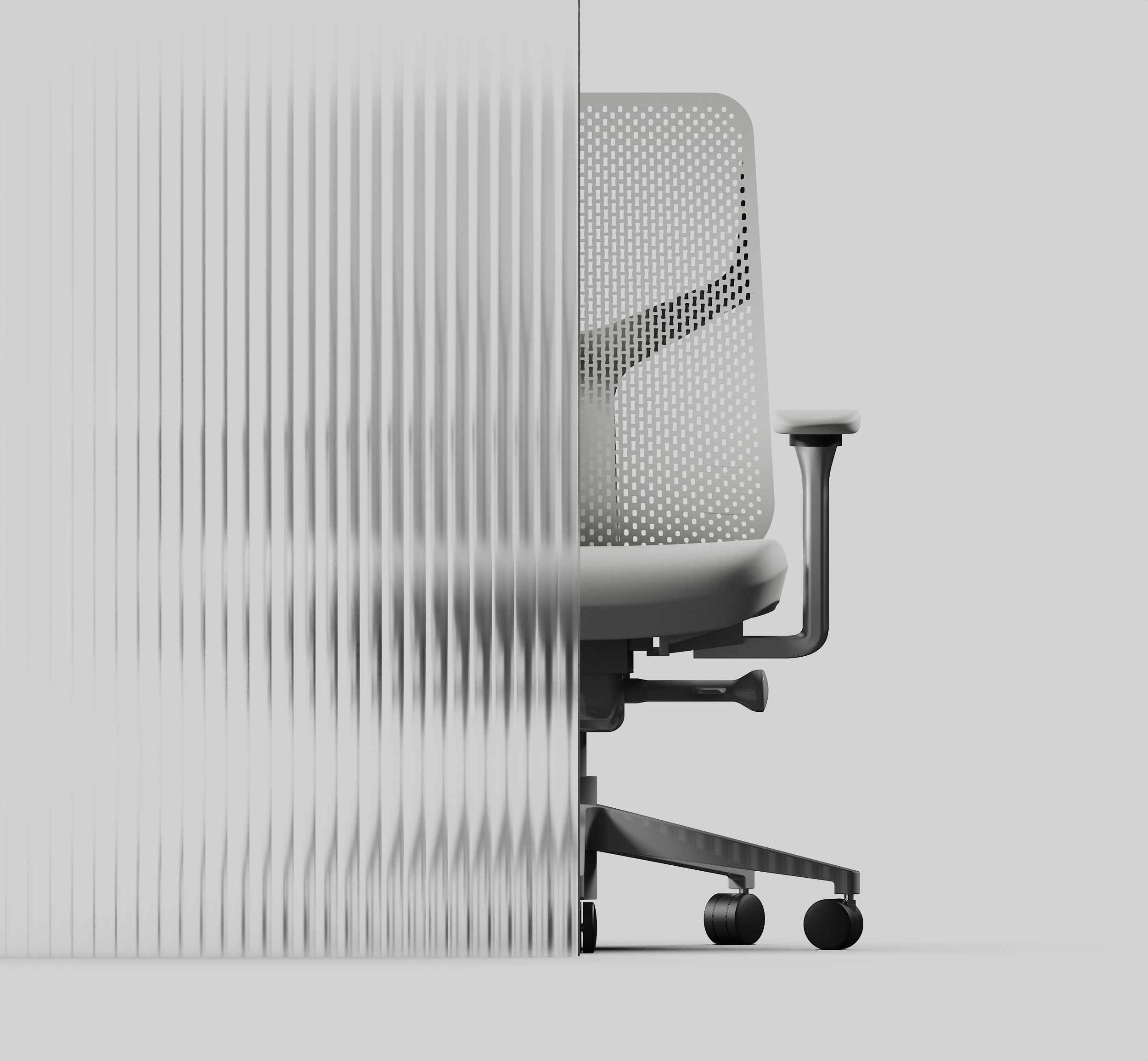 Sedia da ufficio moderna in bianco e nero dietro una parete divisoria di vetro ondulato