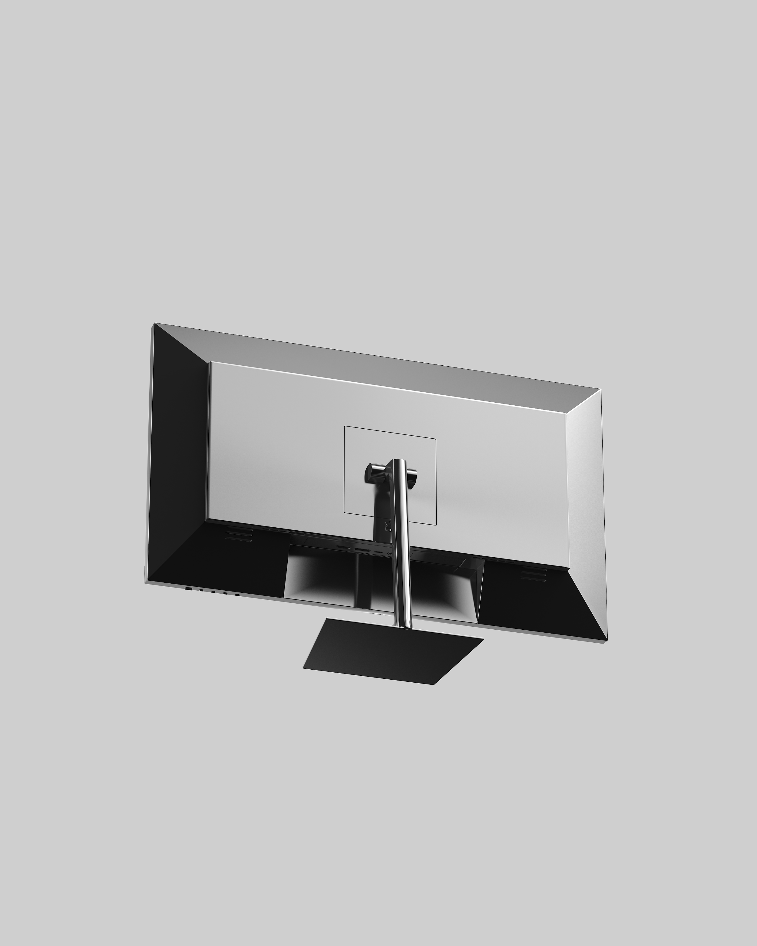 Schermo di un monitor visto da dietro con supporto regolabile in metallo e superficie di visualizzazione piatta.