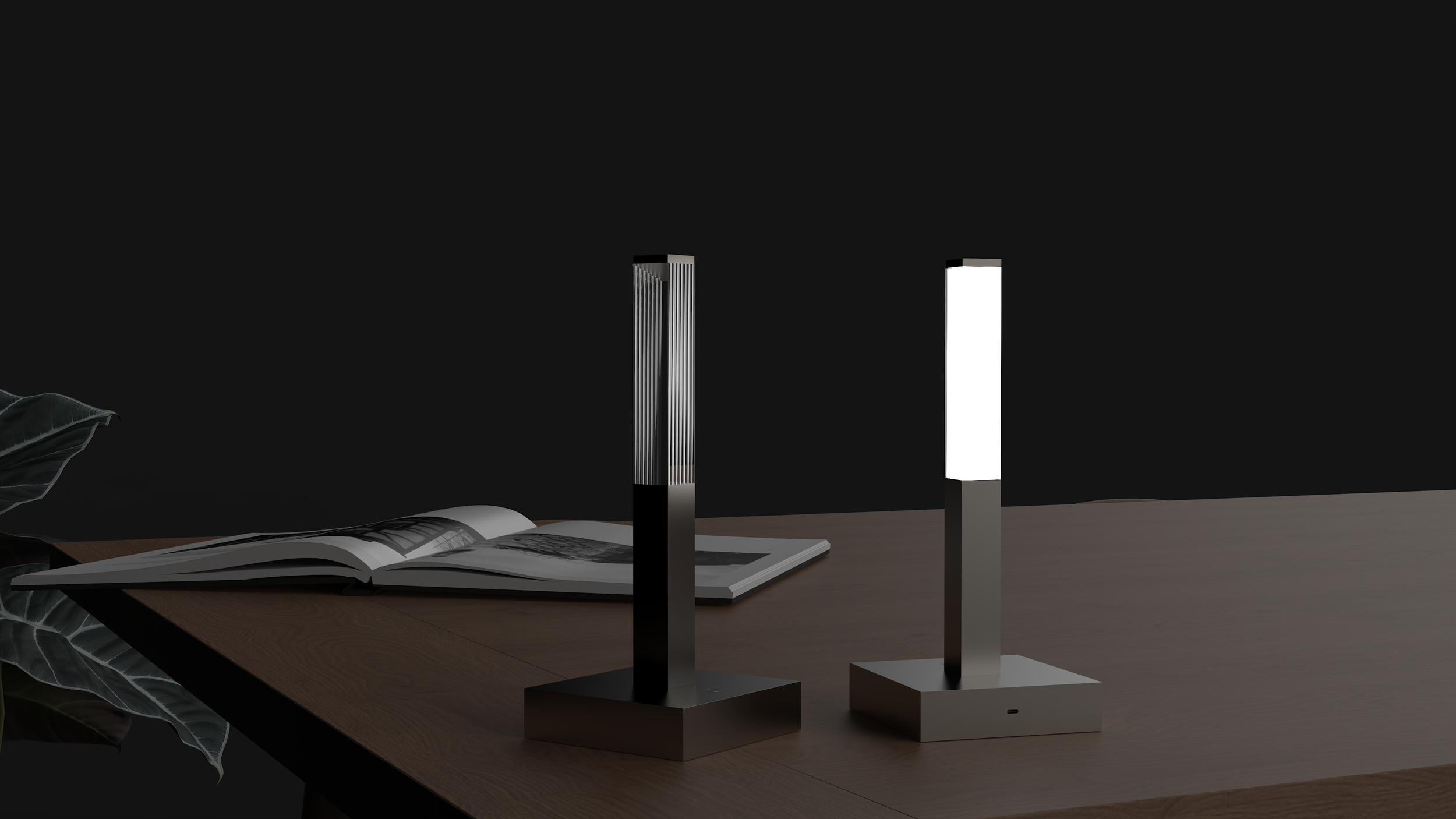 Due lampade moderne di forma rettangolare su una superficie di legno, con un libro aperto e una pianta sul lato sinistro, sfondo nero.