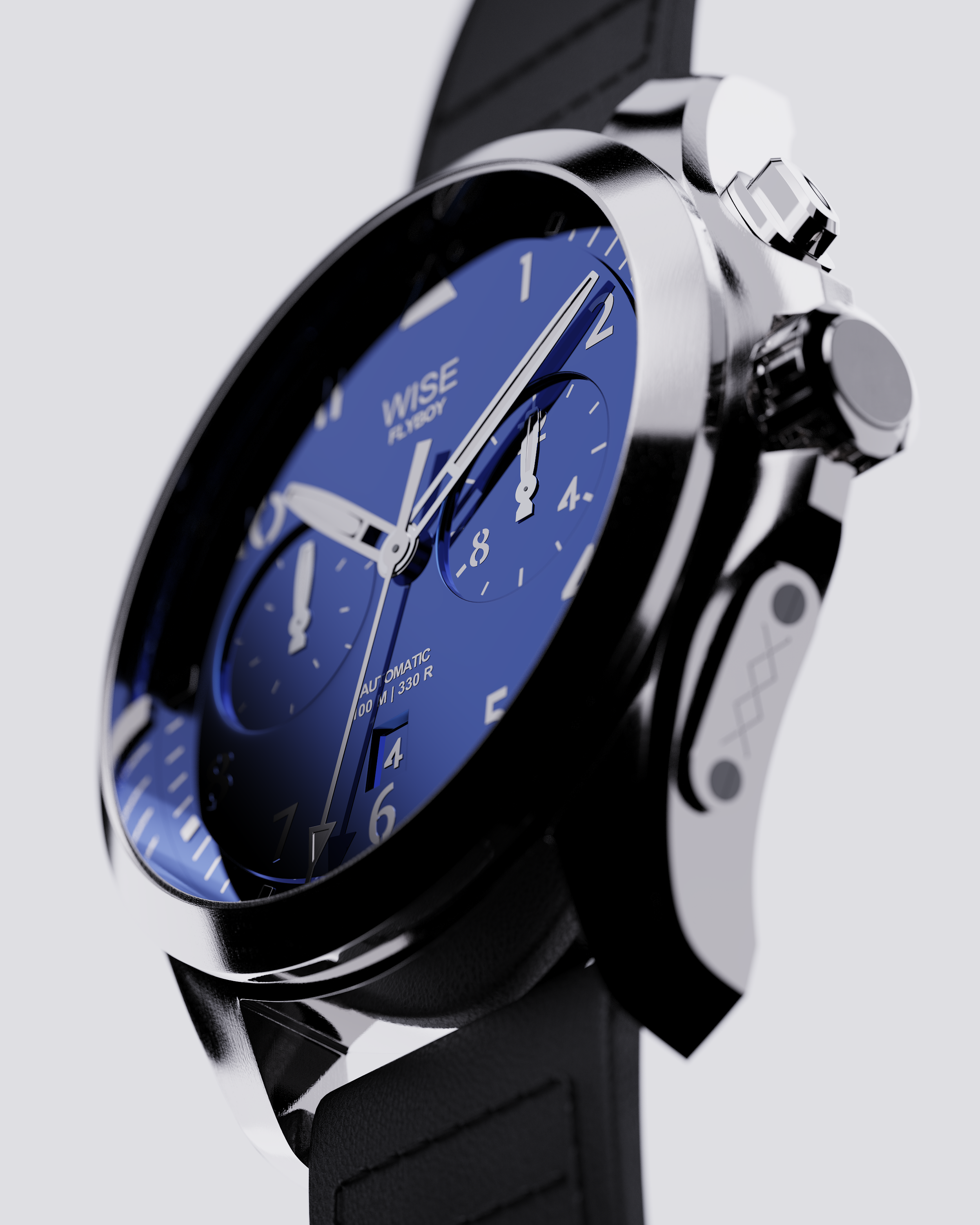 Orologio da polso con quadrante blu, cronografo e cinturino in pelle