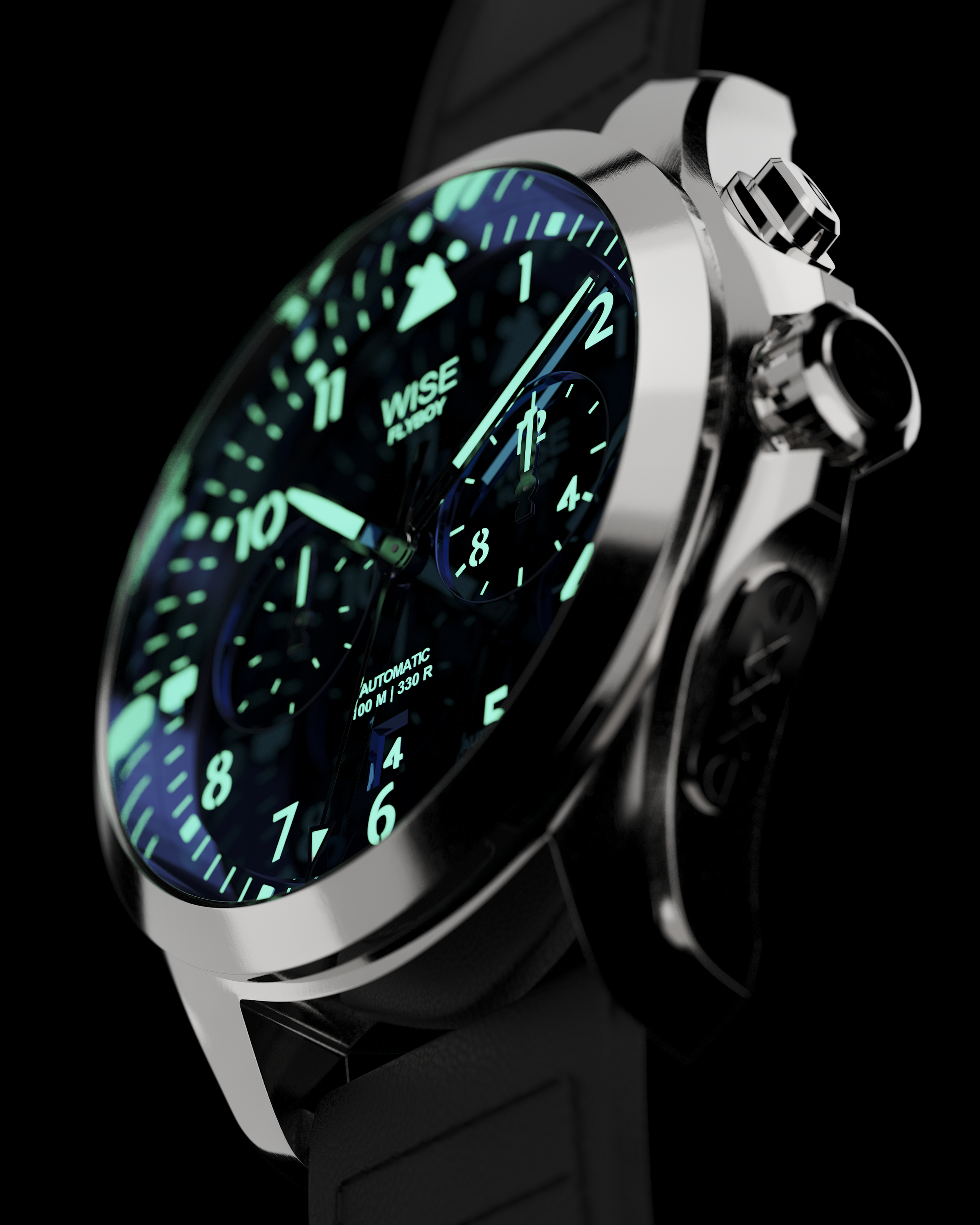 Orologio sportivo con cassa in metallo, quadrante con numeri luminescenti e cinturino in silicone nero.