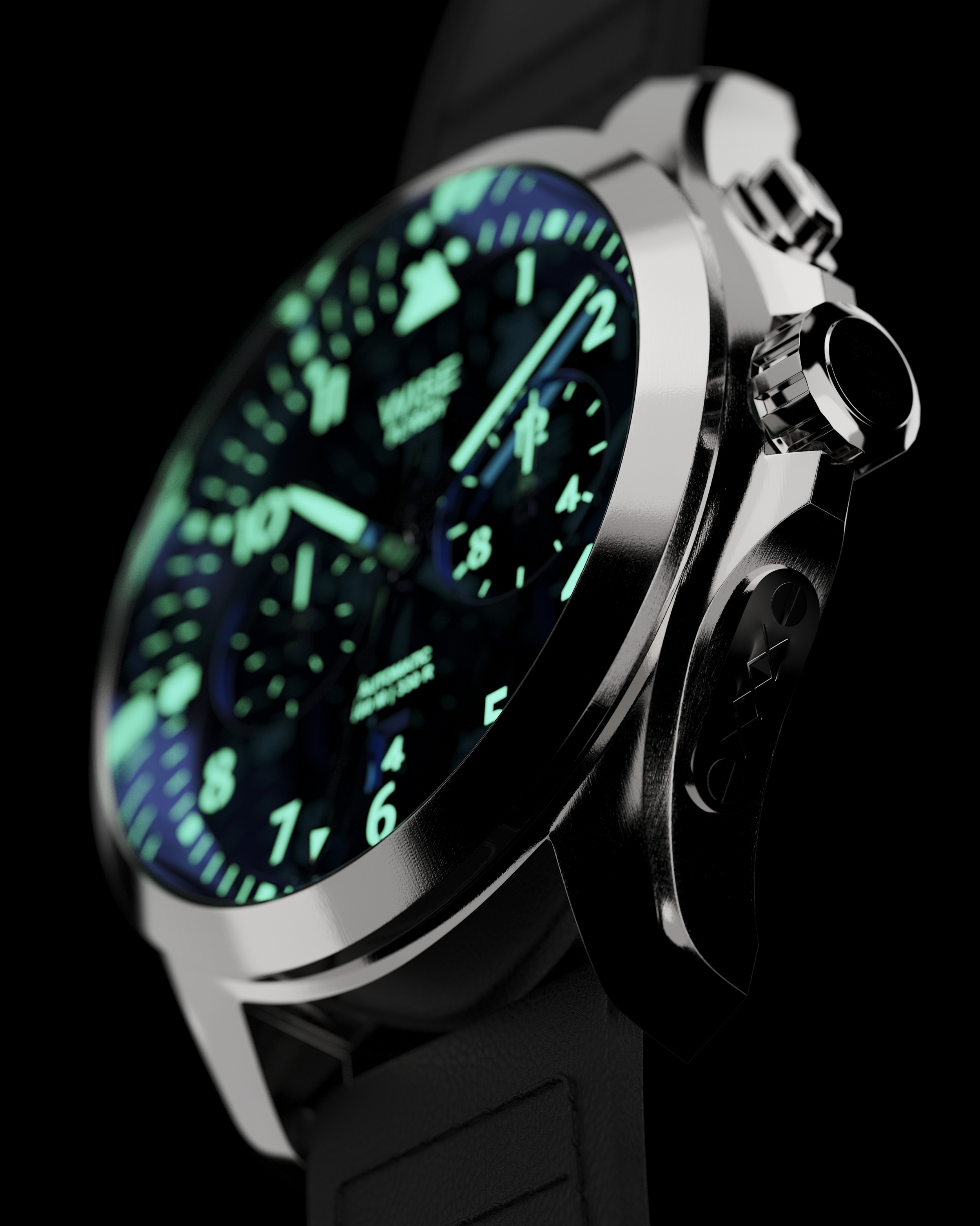 Orologio da polso con quadrante nero e lancette luminose verdi e blu