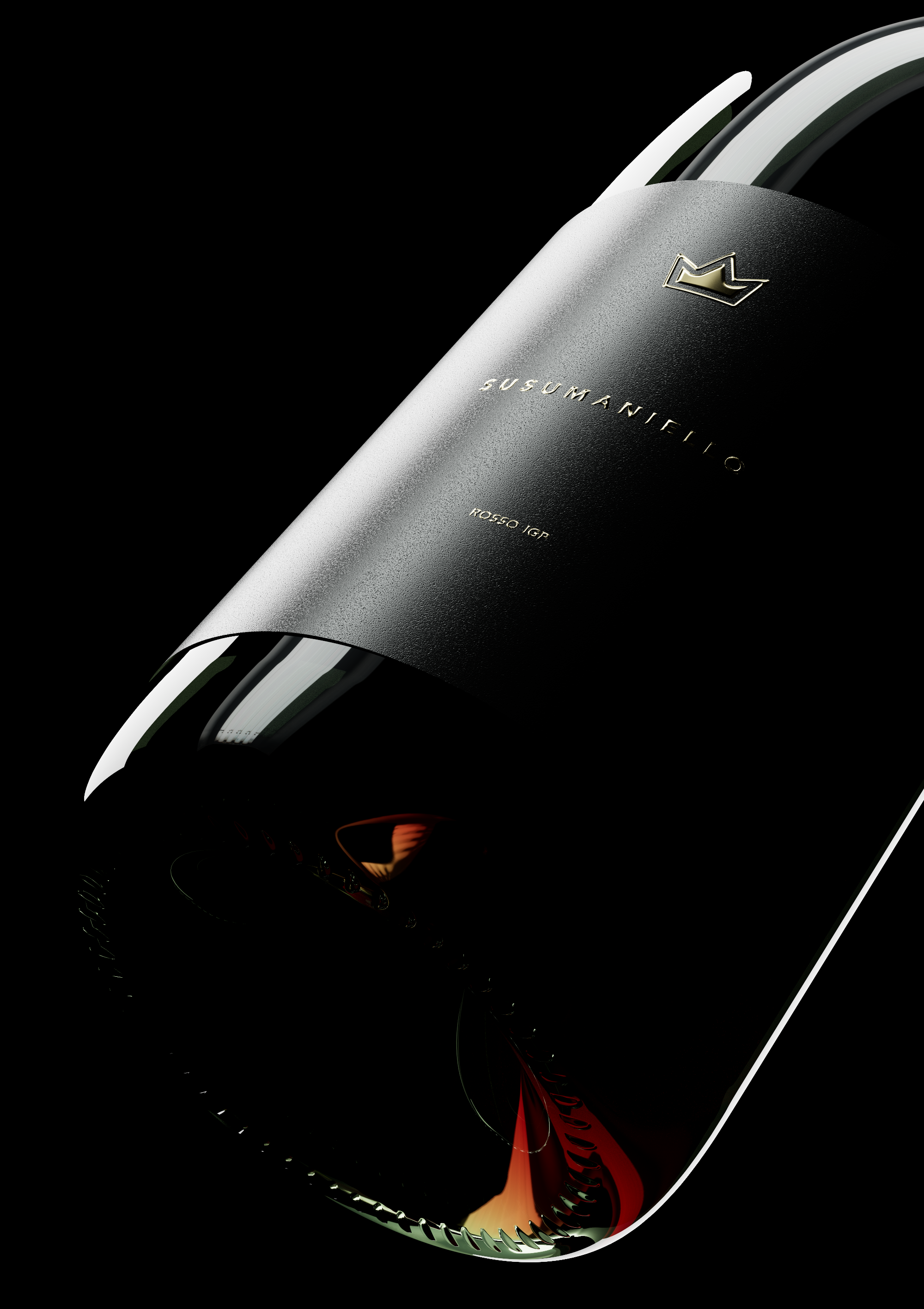 Bottiglia di vino rosso su sfondo nero, con etichetta nera e scritte dorate, e un caratteristico cappuccio dorato con una corona.