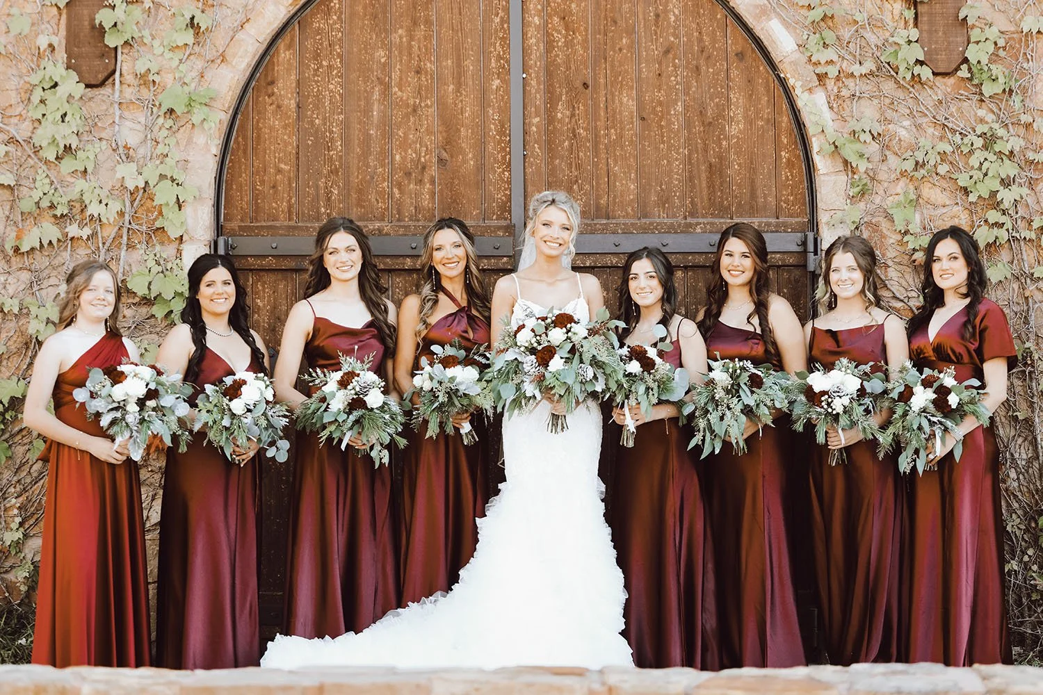 Outdoor wedding venue bridal party photos at Bella Vita Ranch, a Tuscan style wedding venue in Texas