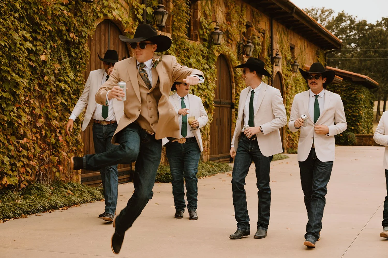 Outdoor wedding venue grooms party photos at Bella Vita Ranch, a Tuscan style wedding venue in Texas