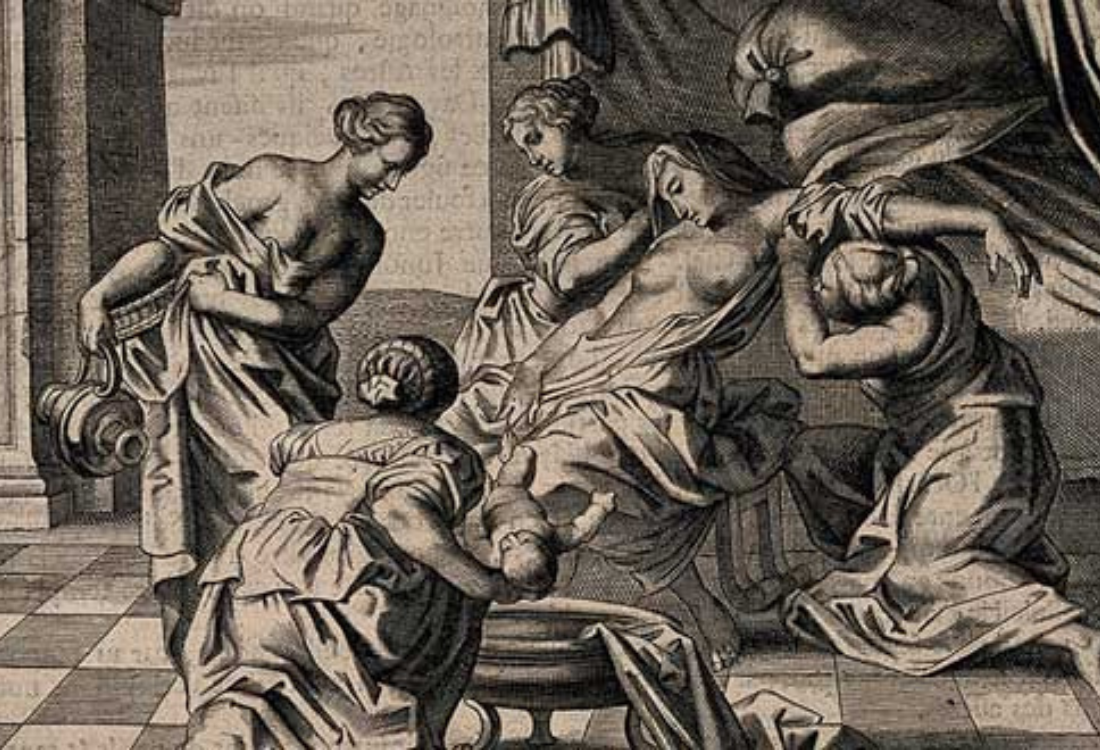 Gravura di un dipinto che raffigura il lavaggio del corpo di Gesù Christo, con varie figure femminili e maschili intorno a lui.